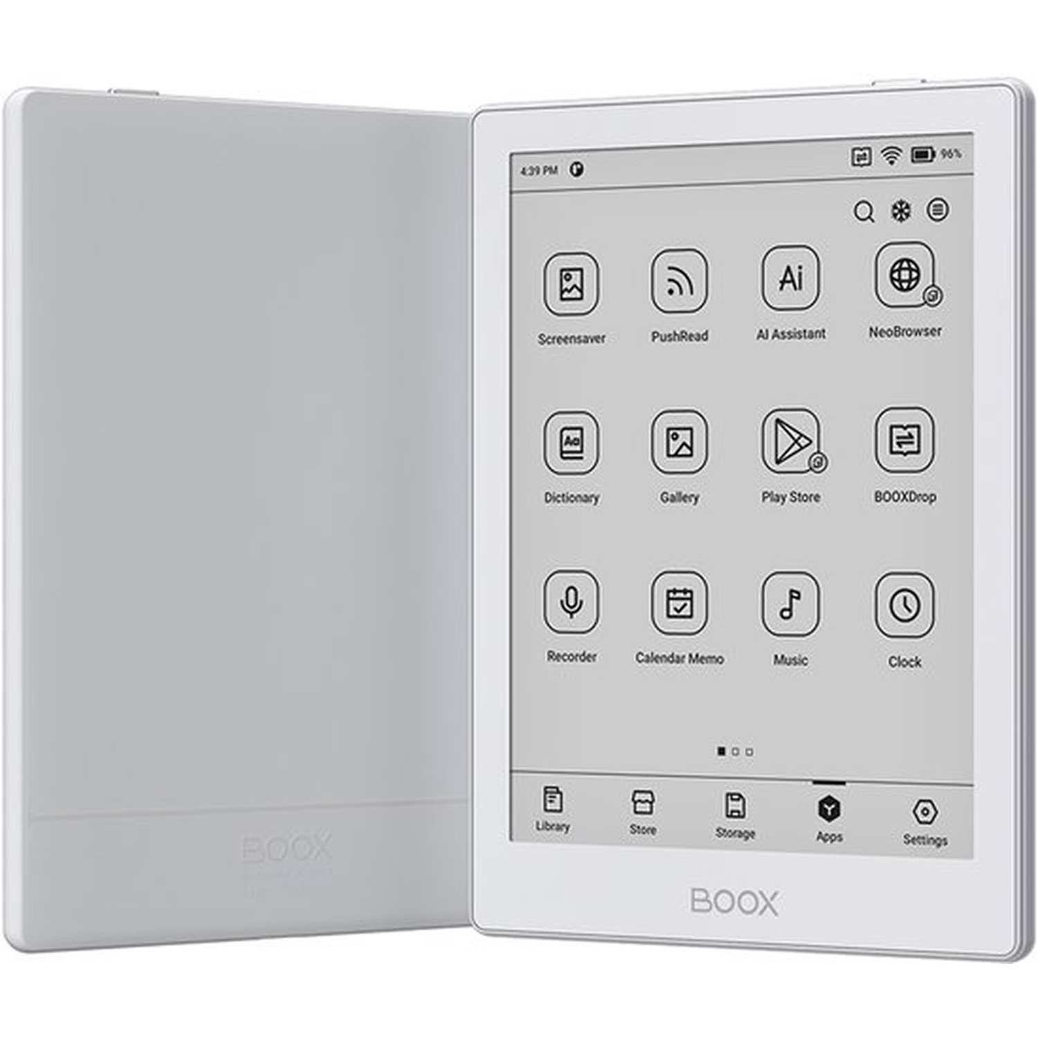 Een witte BOOX e-reader met open hoes, waarop app-pictogrammen op het scherm worden weergegeven.