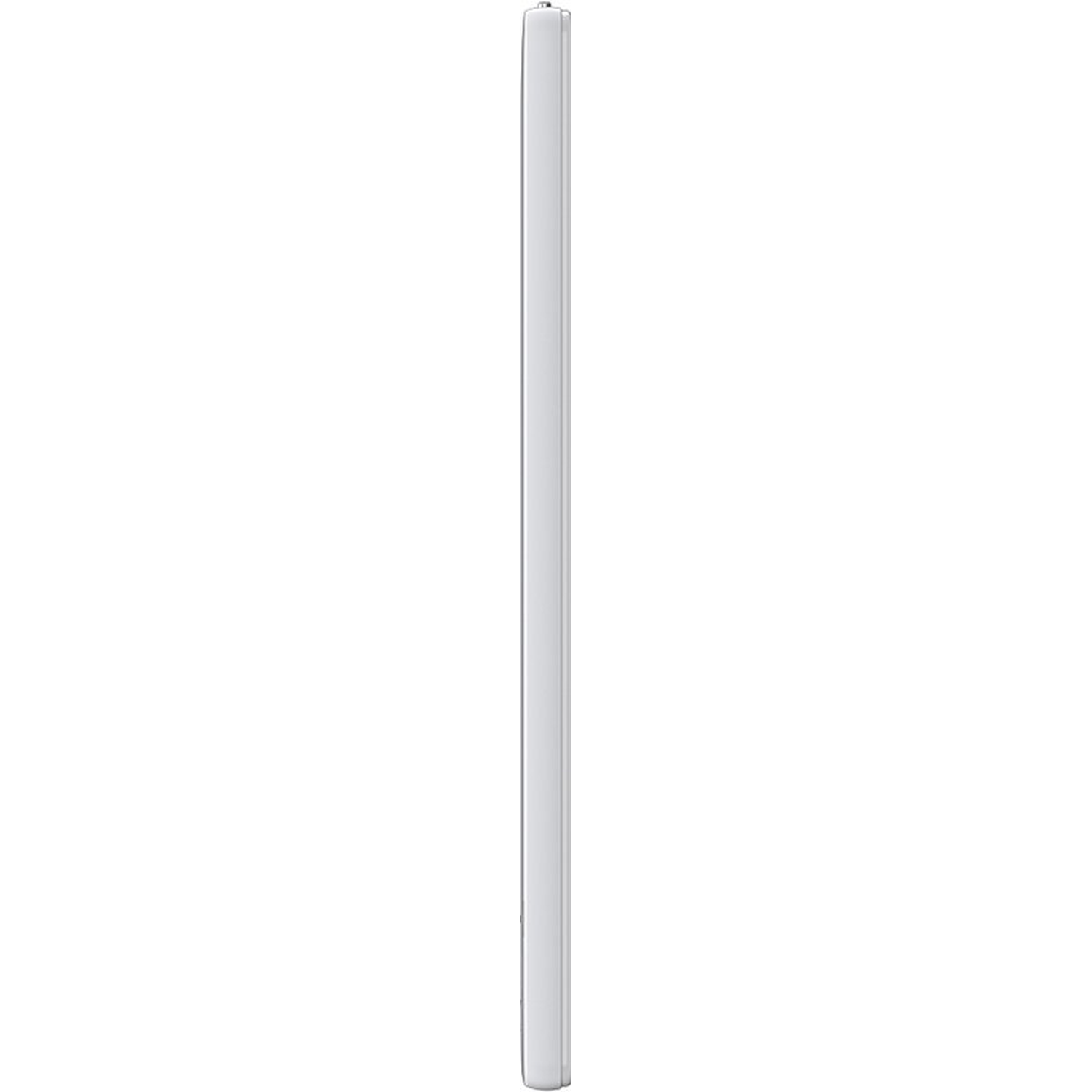 Een zilveren smartphone wordt van de zijkant getoond tegen een witte achtergrond.