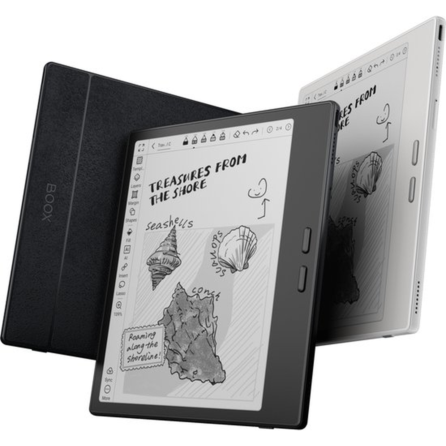 Three e-readers are shown. One is black with a cover, one is dark gray, and one is white. The screens display drawings of seashells.