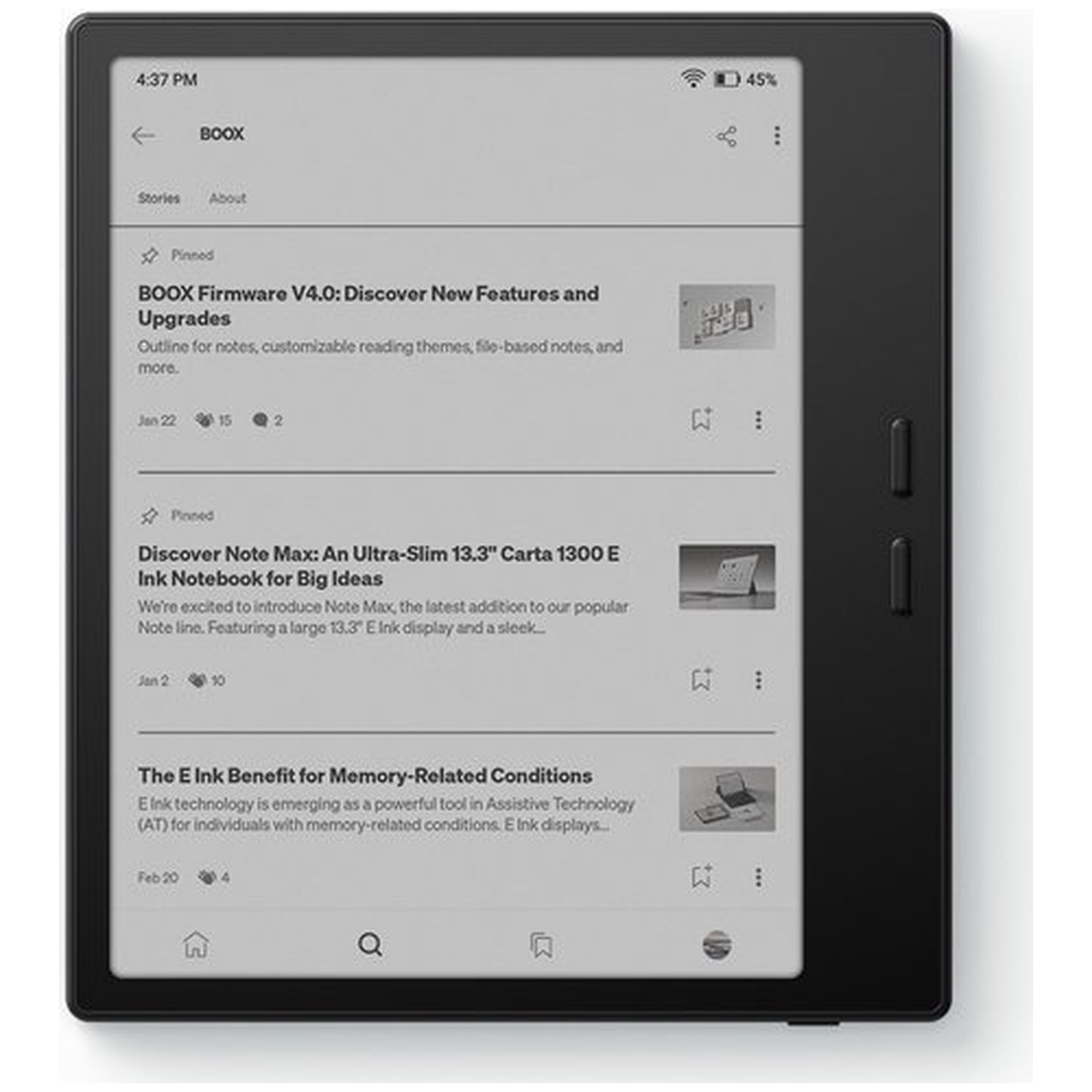 E-reader screen shows BOOX firmware updates and articles on E Ink technology.