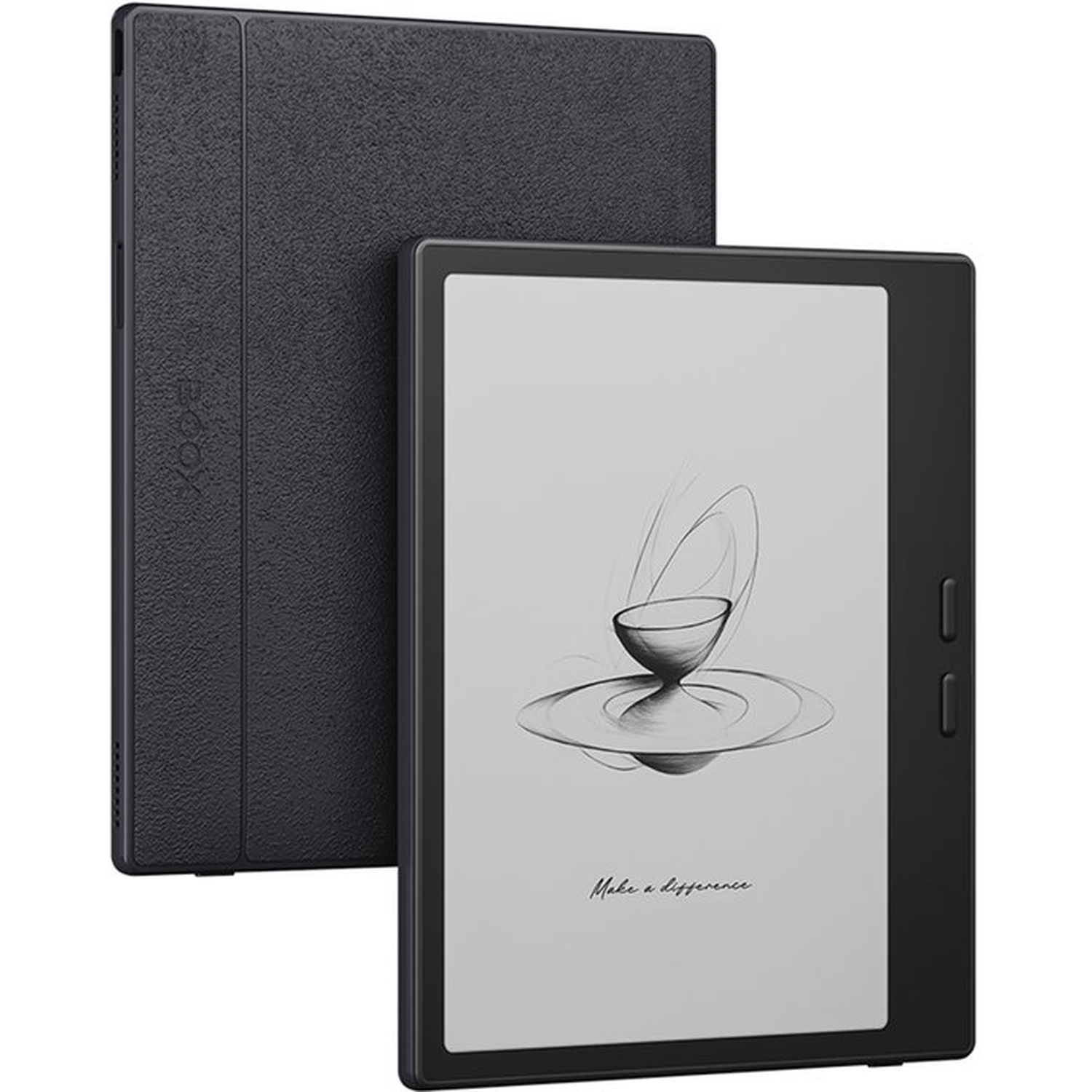 A dark gray e-reader with a textured case stands next to it.