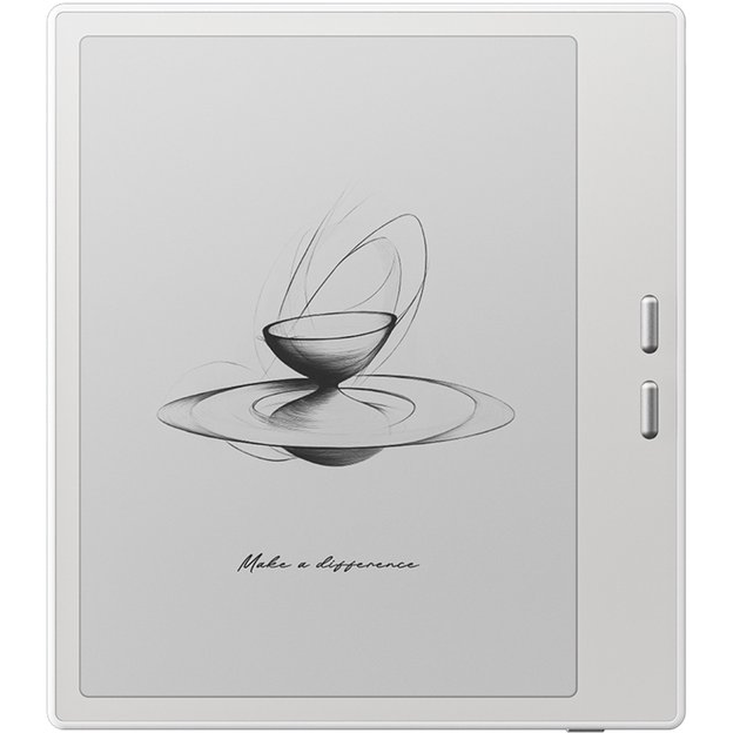 Een witte e-reader toont een schets van een kom en bord met wervelende lijnen en de tekst 'Make a difference'.