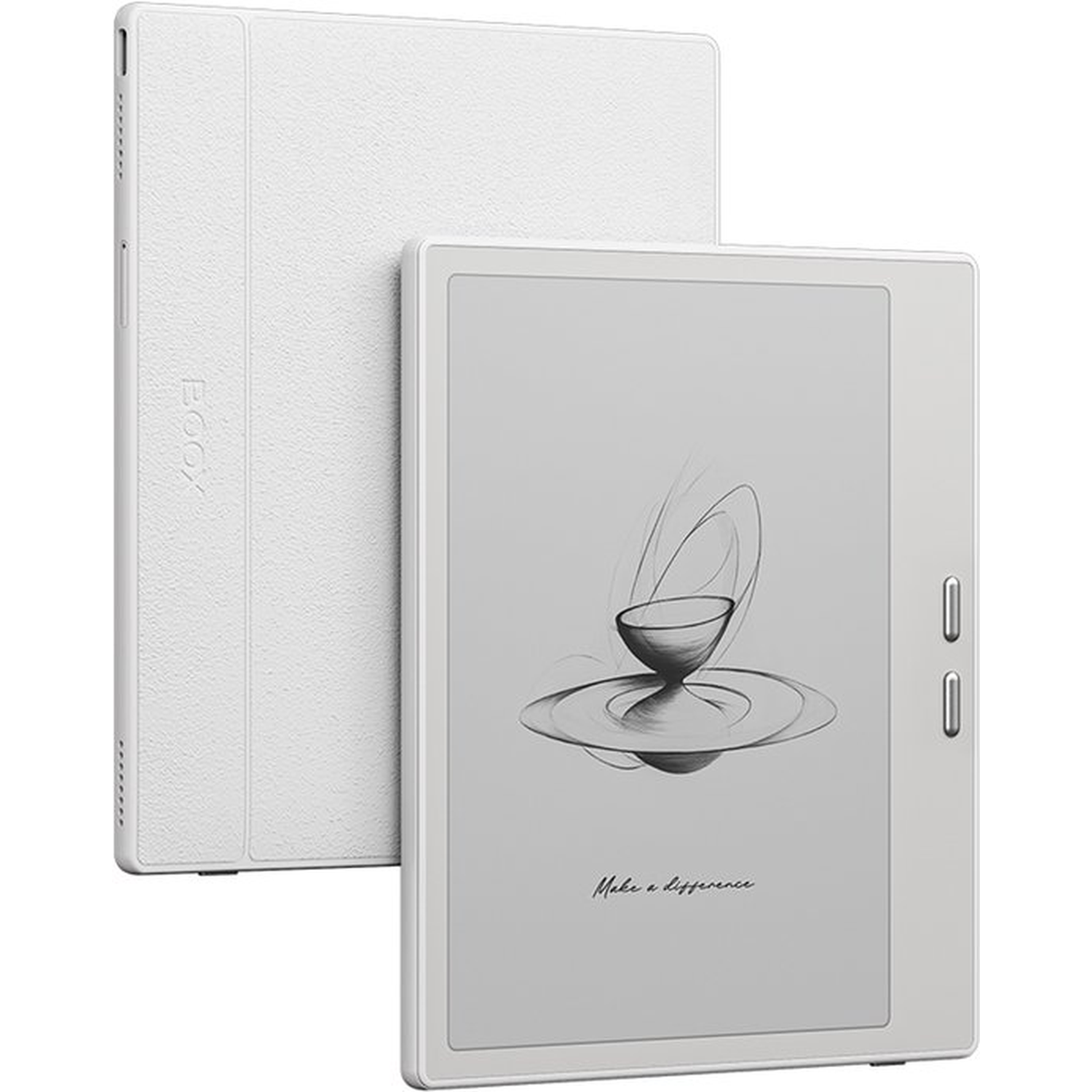 Witte e-reader met een getextureerde hoes erachter. Het scherm toont een schets van een kom op een bord.
