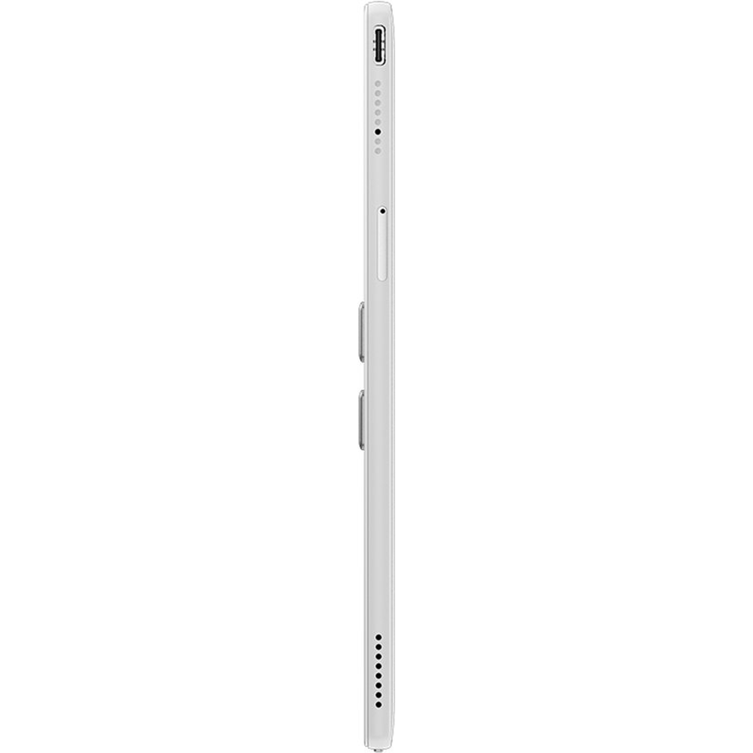 Zijaanzicht van een witte tablet, met poorten en knoppen aan de rand.