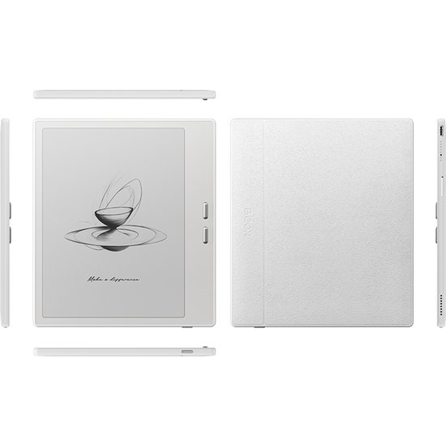Witte e-reader getoond vanuit meerdere hoeken, voor, achter, boven, onder en zijkanten.