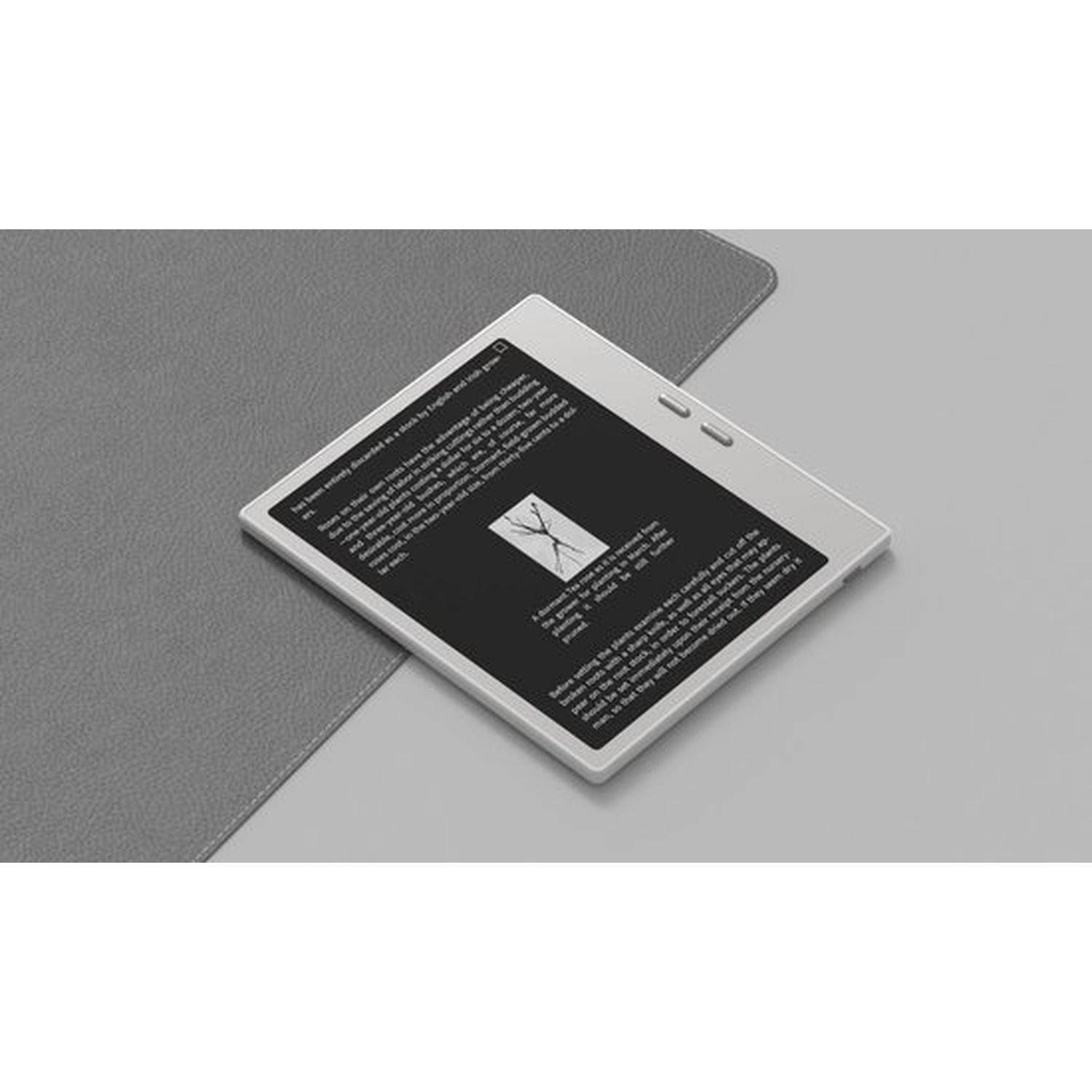 Een e-reader ligt op een grijs gestructureerd oppervlak, met tekst en een illustratie.