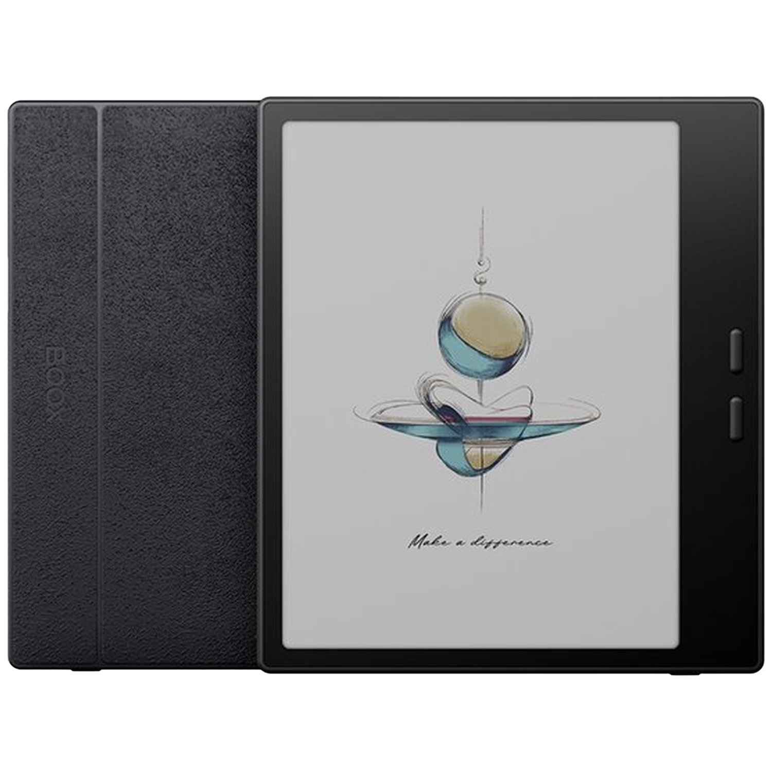 Een zwarte e-reader met abstracte kunst en tekst op het scherm.