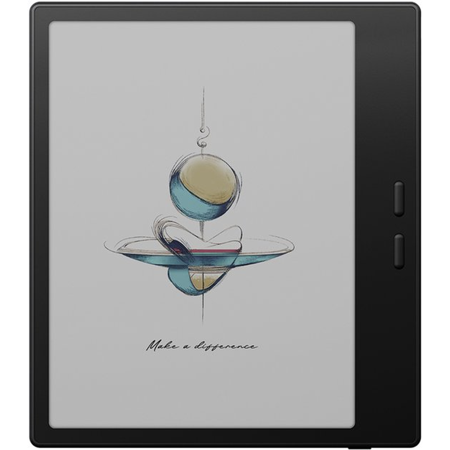 Zwarte e-reader toont abstracte kunst van een bol en schotel, met tekst 'Make a difference'.