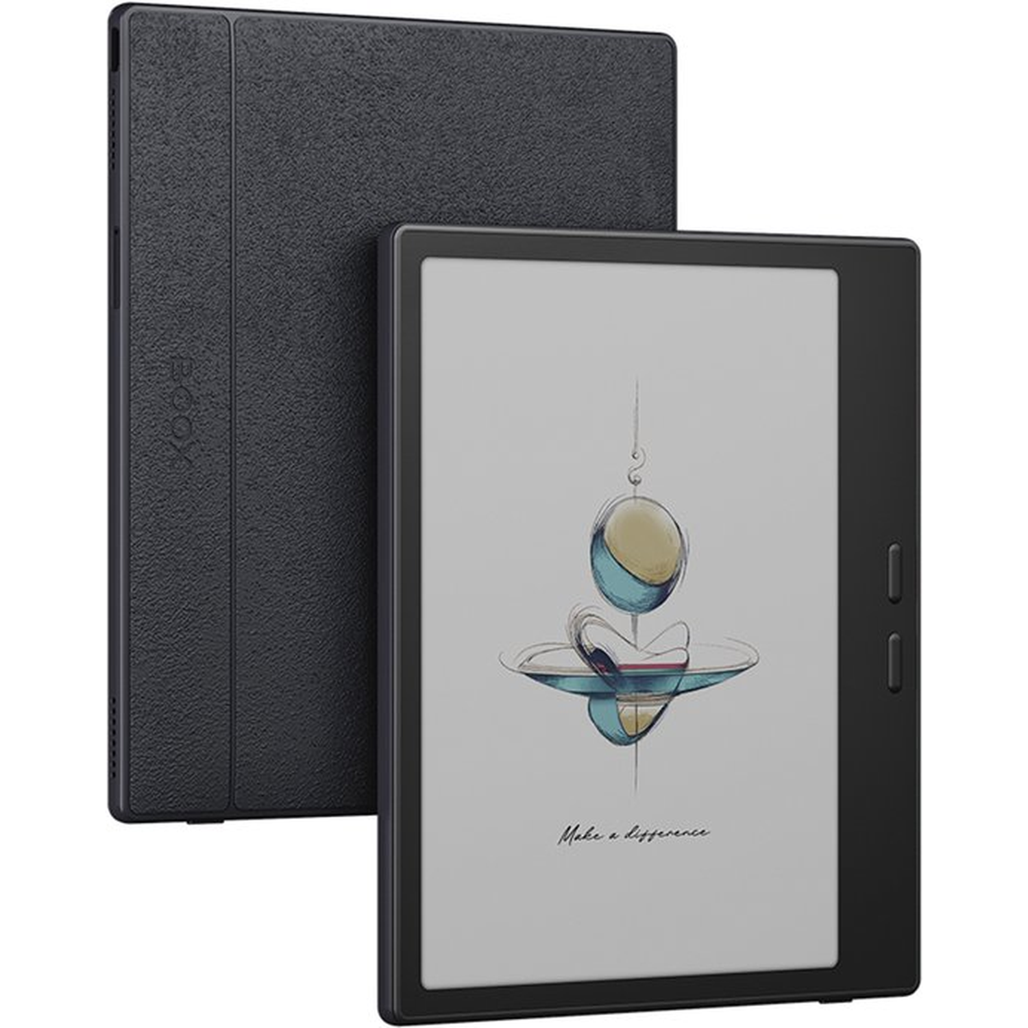 Zwarte e-reader met getextureerde hoes. Scherm toont abstracte kunst en tekst.