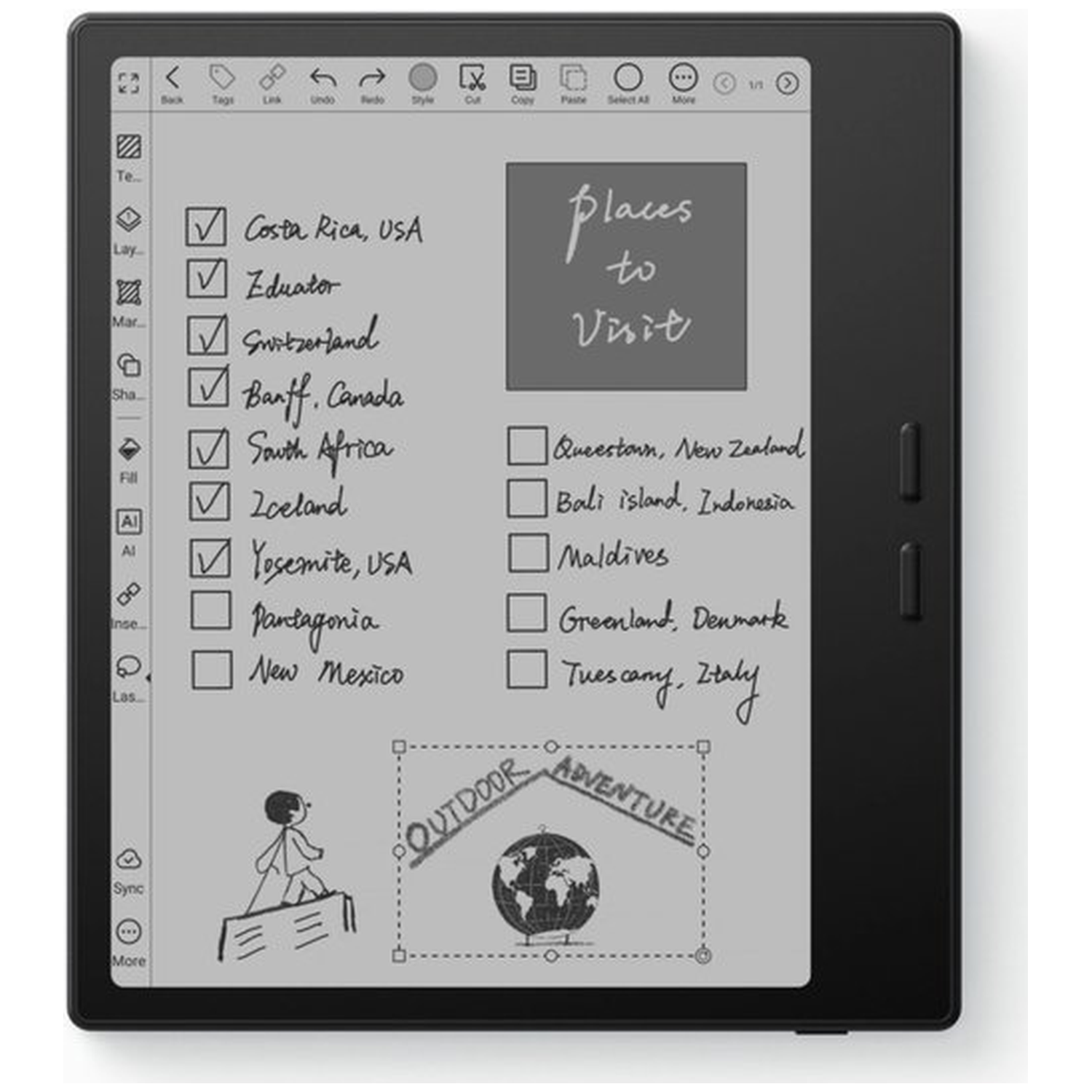Een digitaal notitieblok toont een 'Te bezoeken plaatsen'-checklist met enkele afgevinkte items.