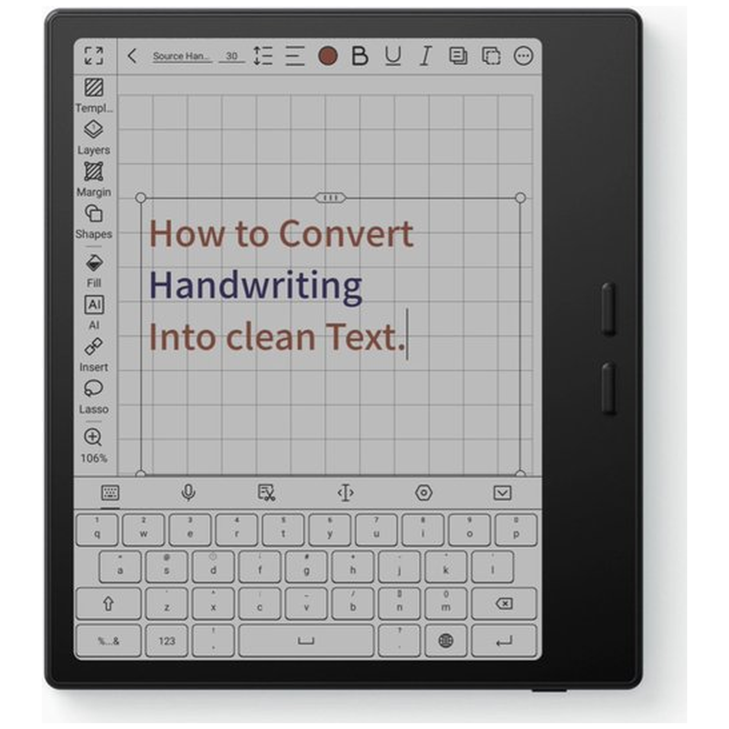 Een digitale tablet toont 'Hoe handschrift om te zetten in duidelijke tekst' op een raster met een toetsenbord eronder.