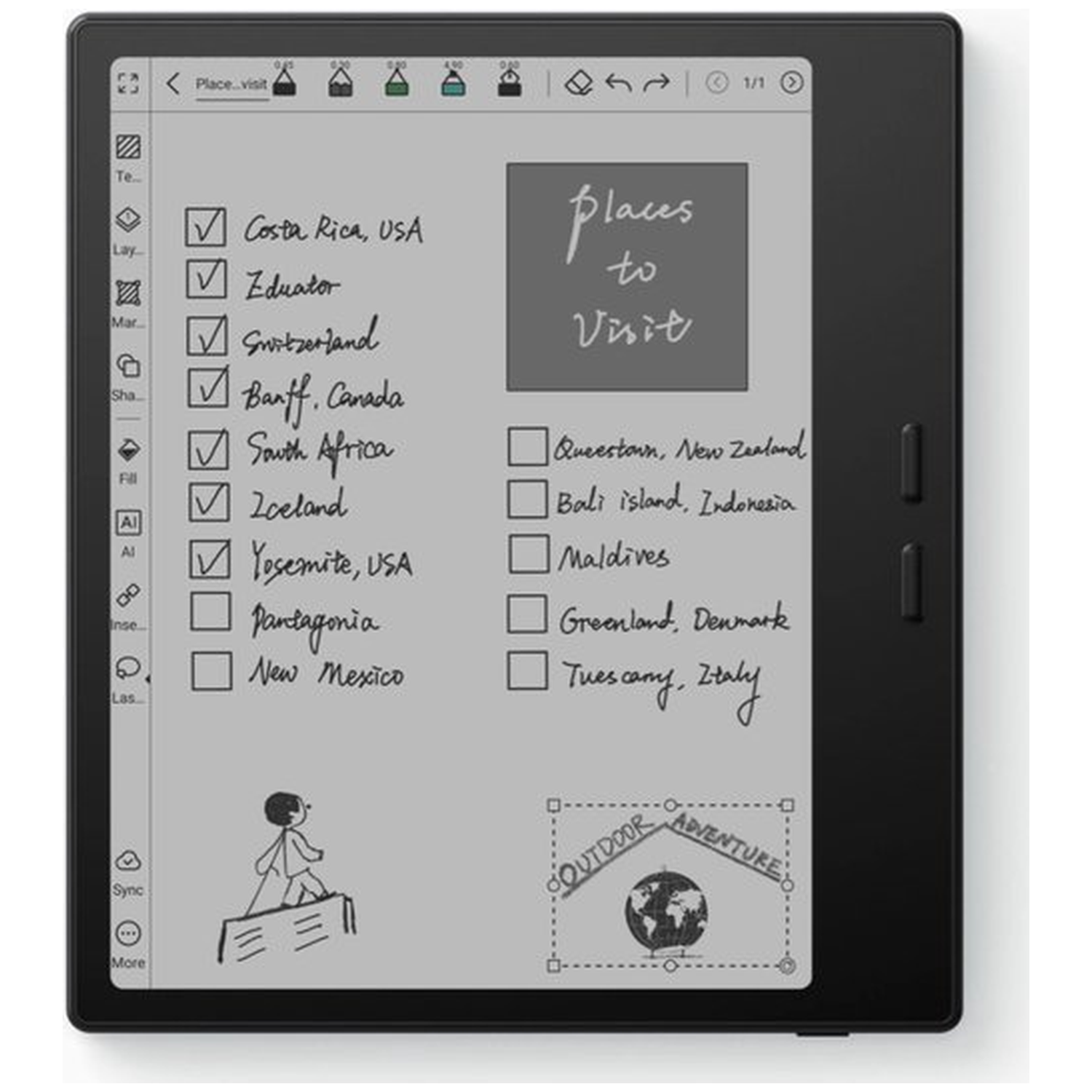 E-reader toont een 'Te bezoeken plaatsen'-checklist met enkele afgevinkte items.