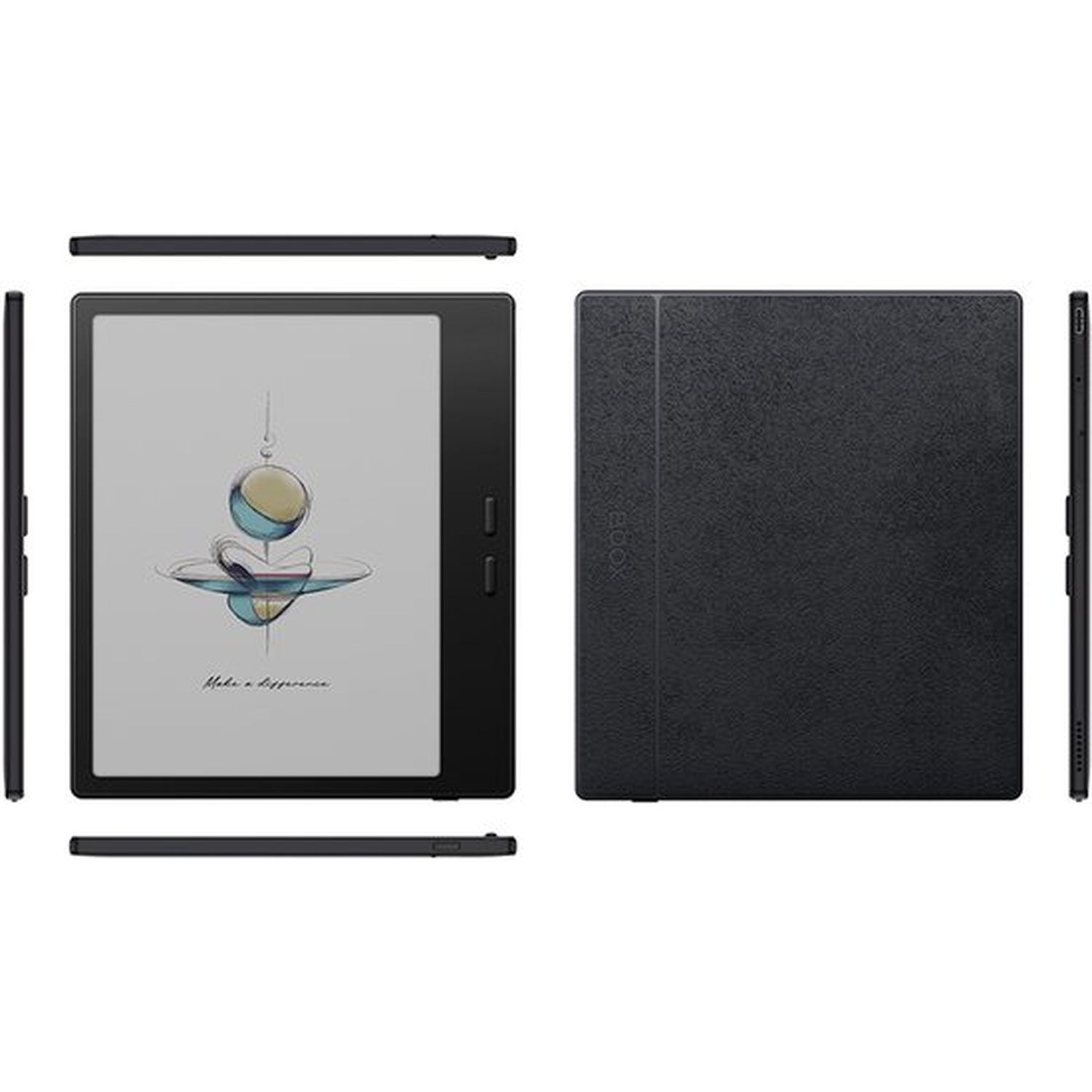 Voor- en achterkant van een zwarte e-reader. Het scherm toont een tekening en tekst. De achterkant is gestructureerd.
