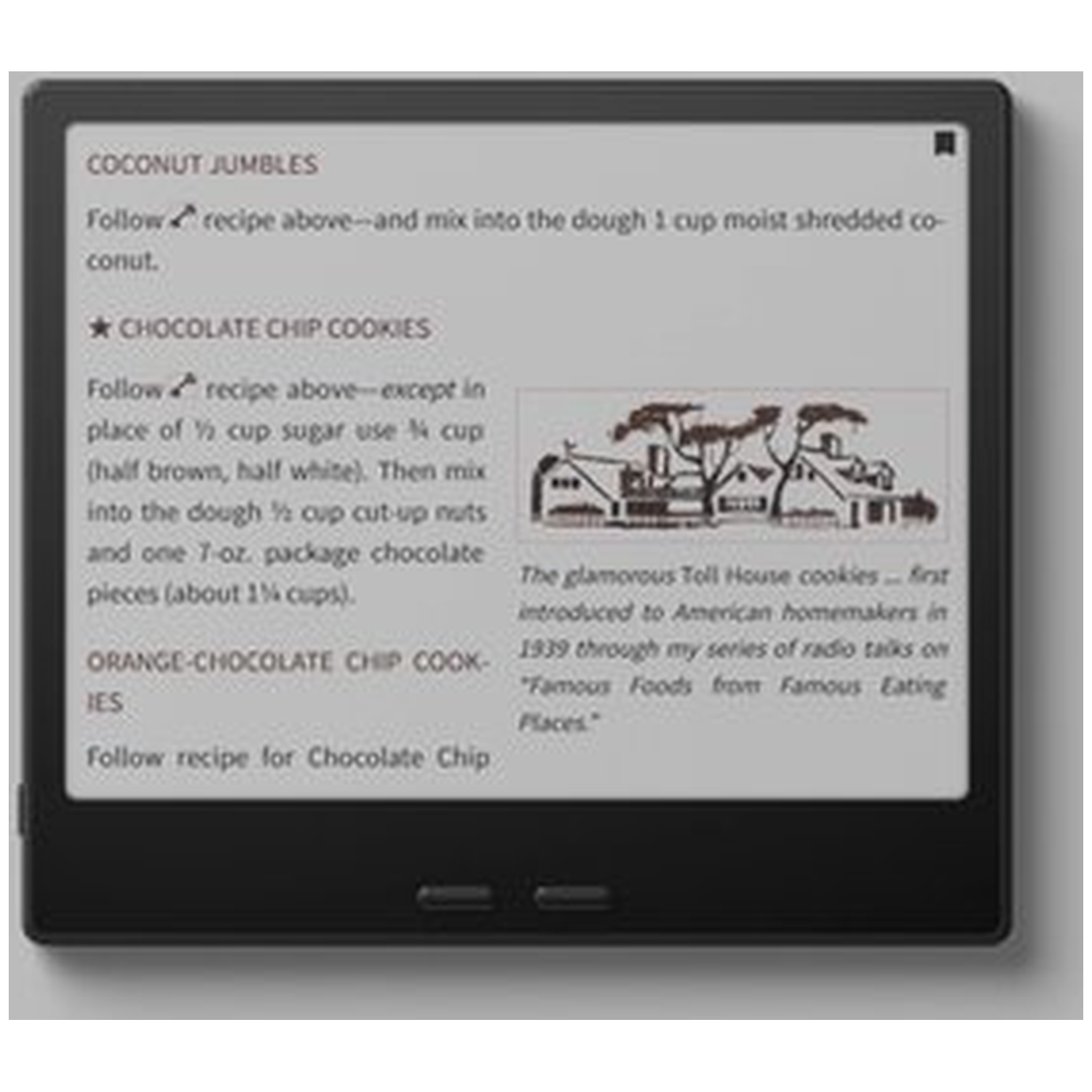 E-reader toont recepten voor Coconut Jumbles, Chocolate Chip Cookies en Orange-Chocolate Chip Cookies.