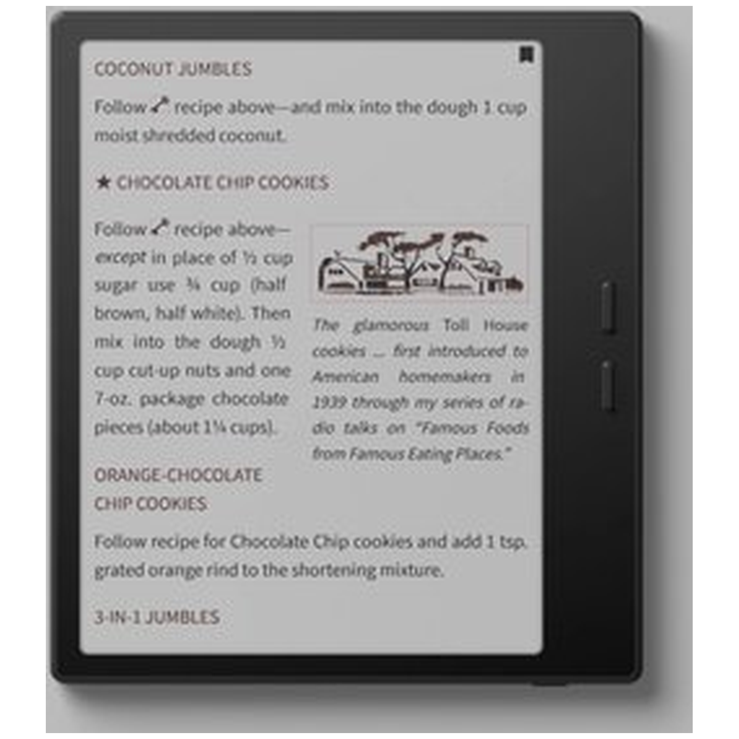 E-reader scherm toont recepten voor Kokoskoekjes, Chocolate Chip Cookies en Sinaasappel-Chocoladekoekjes.