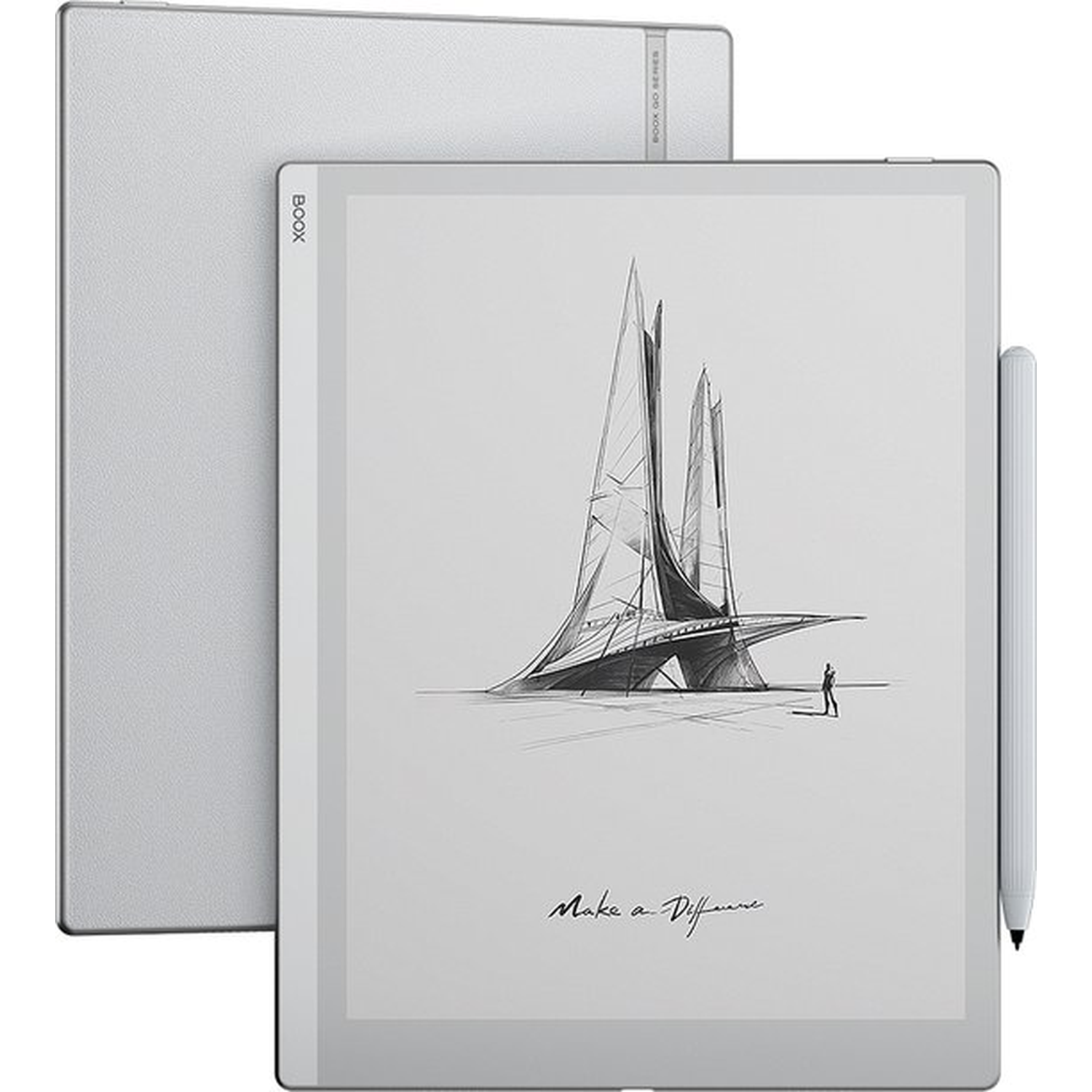 A silver digital notebook with a stylus displays a sketch of a bridge and a person. Text reads 'Make a Difference'.