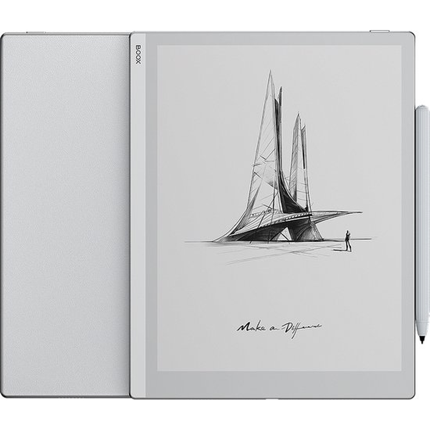 A silver e-reader with a stylus attached. The screen displays a sketch of a futuristic building and text.
