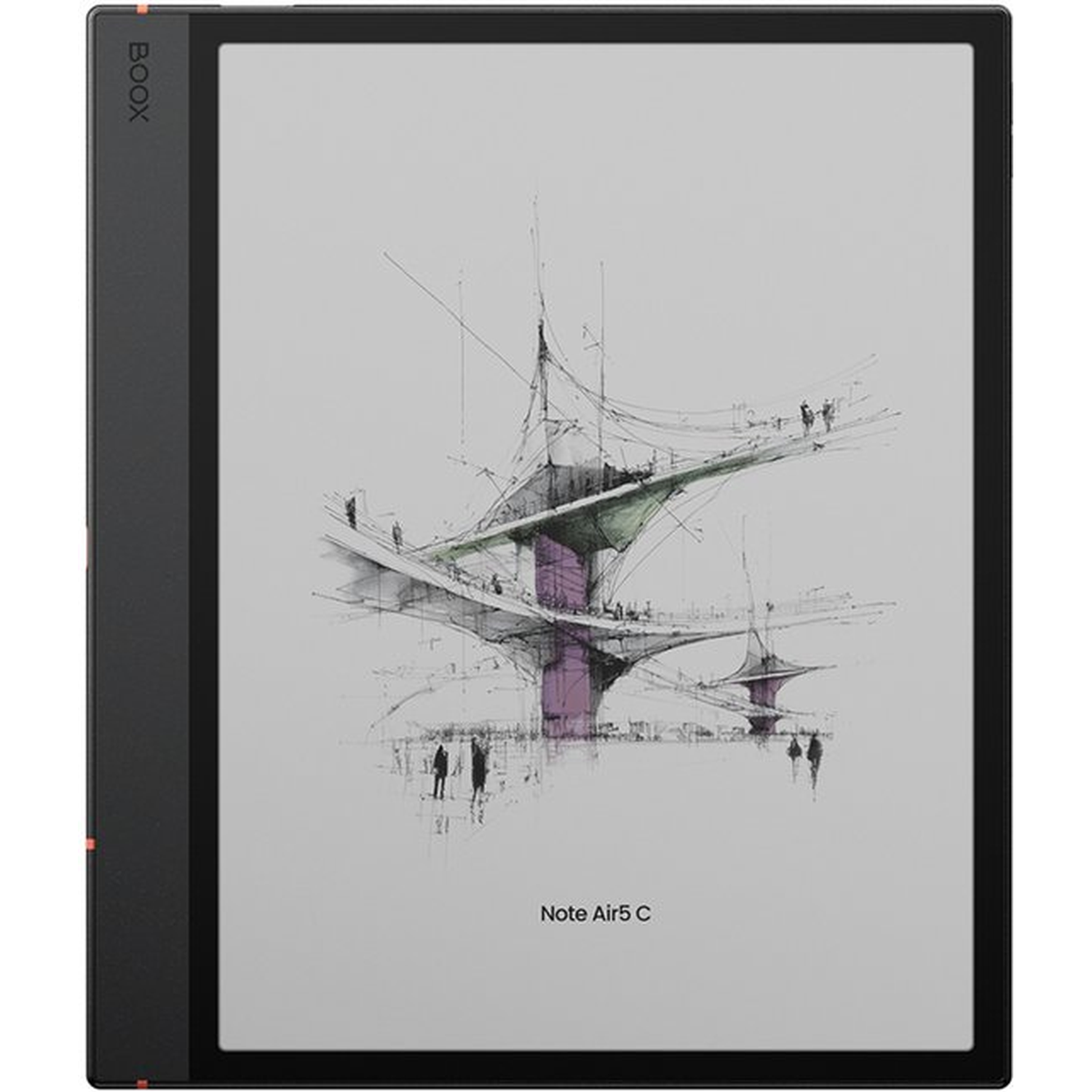 Boox Note Air5 C tablet displays a sketch of a futuristic building with people.
