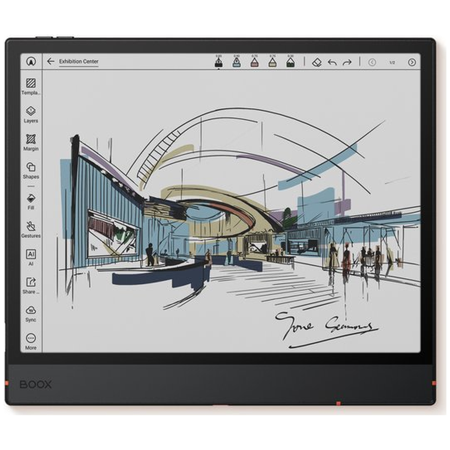 A tablet displays a sketch of an exhibition center, with architectural lines and figures.