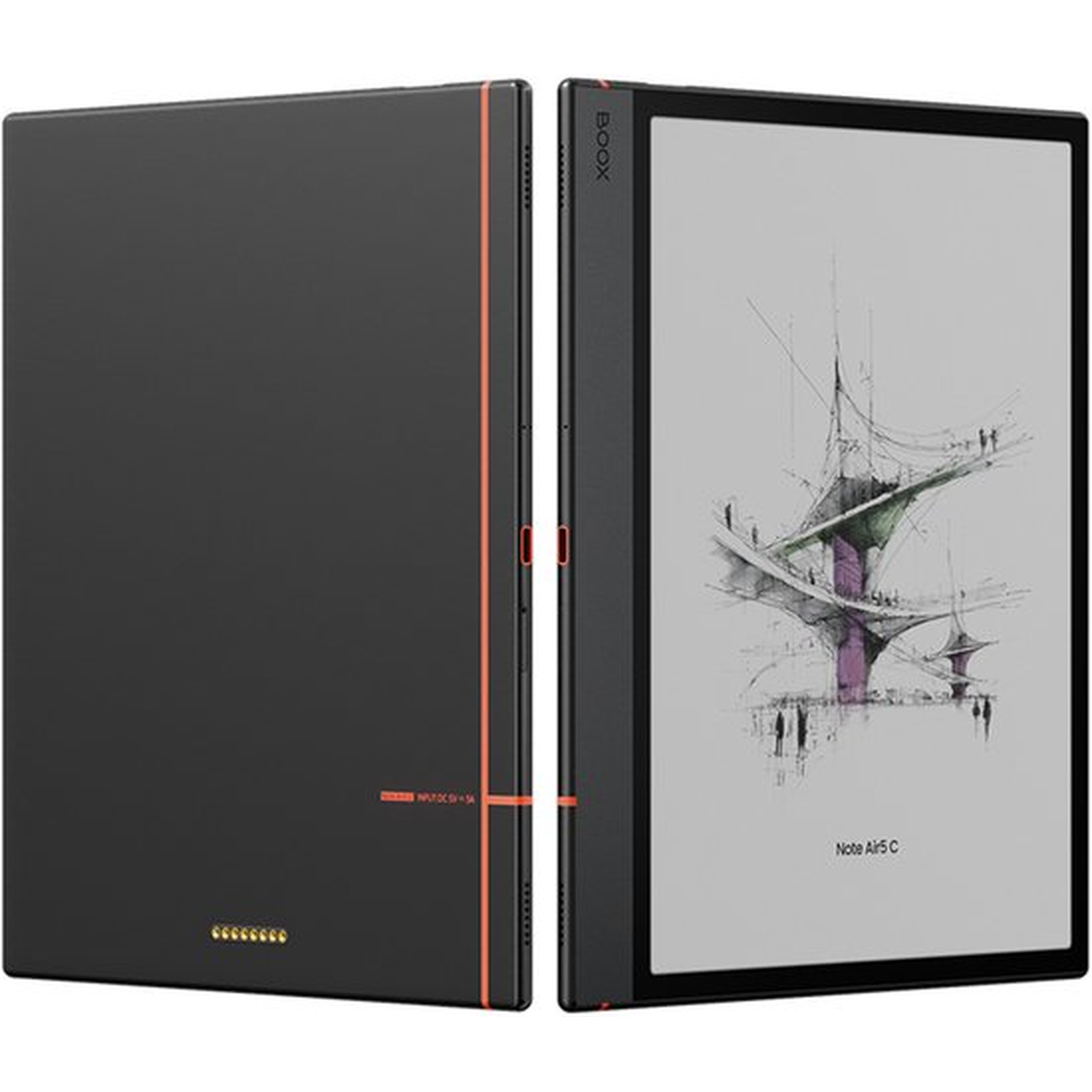 A black digital notebook with orange accents is shown. The screen displays a sketch and text.