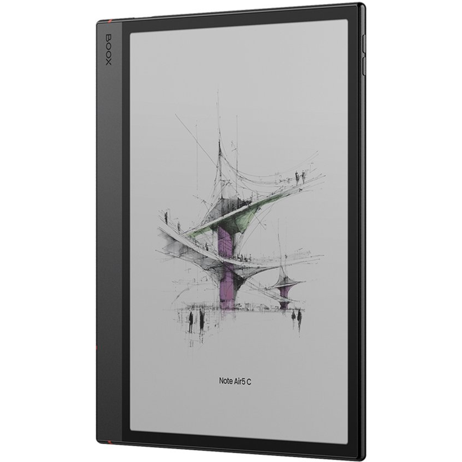 A black Boox Note Air5 C e-reader displays a sketch of an abstract structure with people.