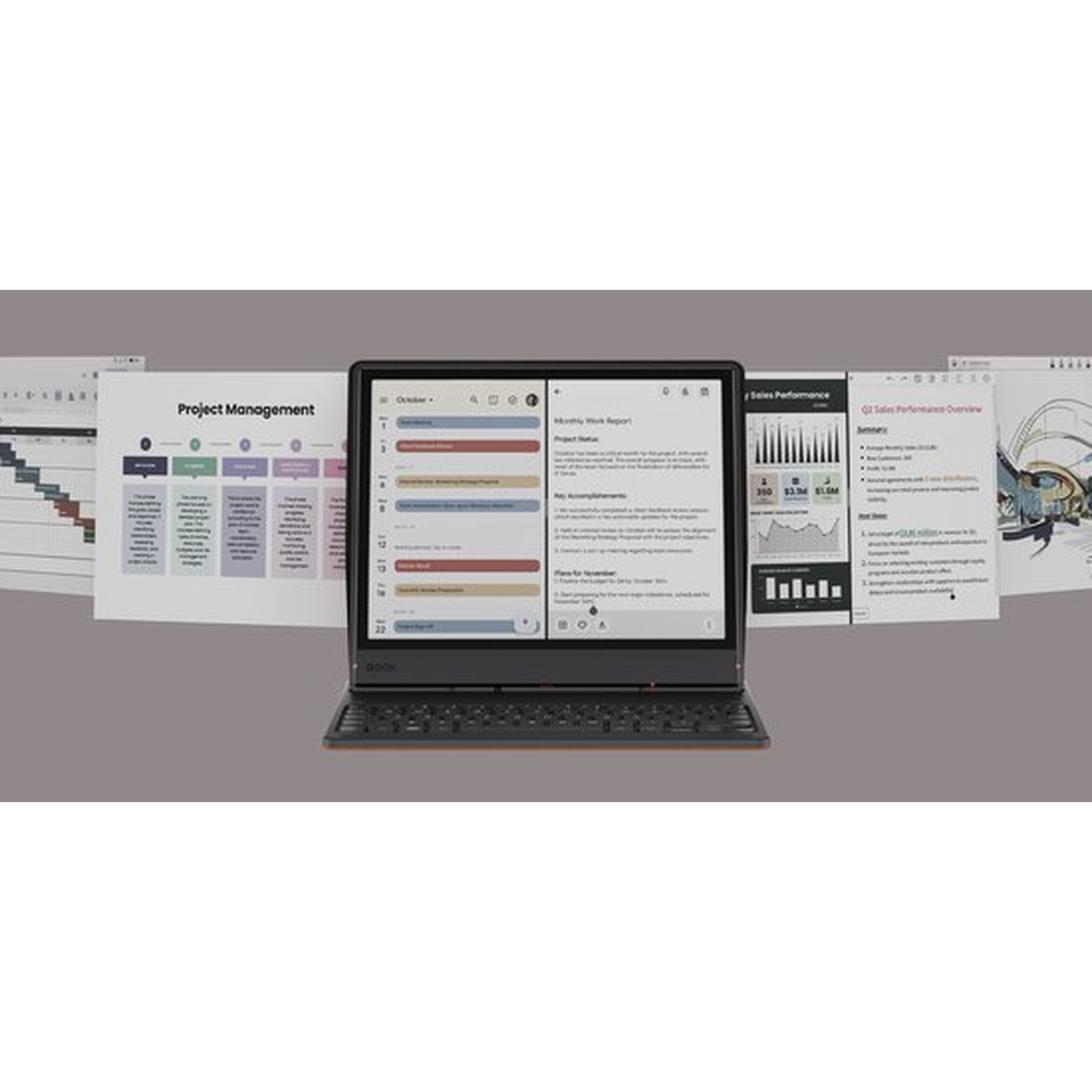 A laptop displays project management and sales reports. Other reports are visible.