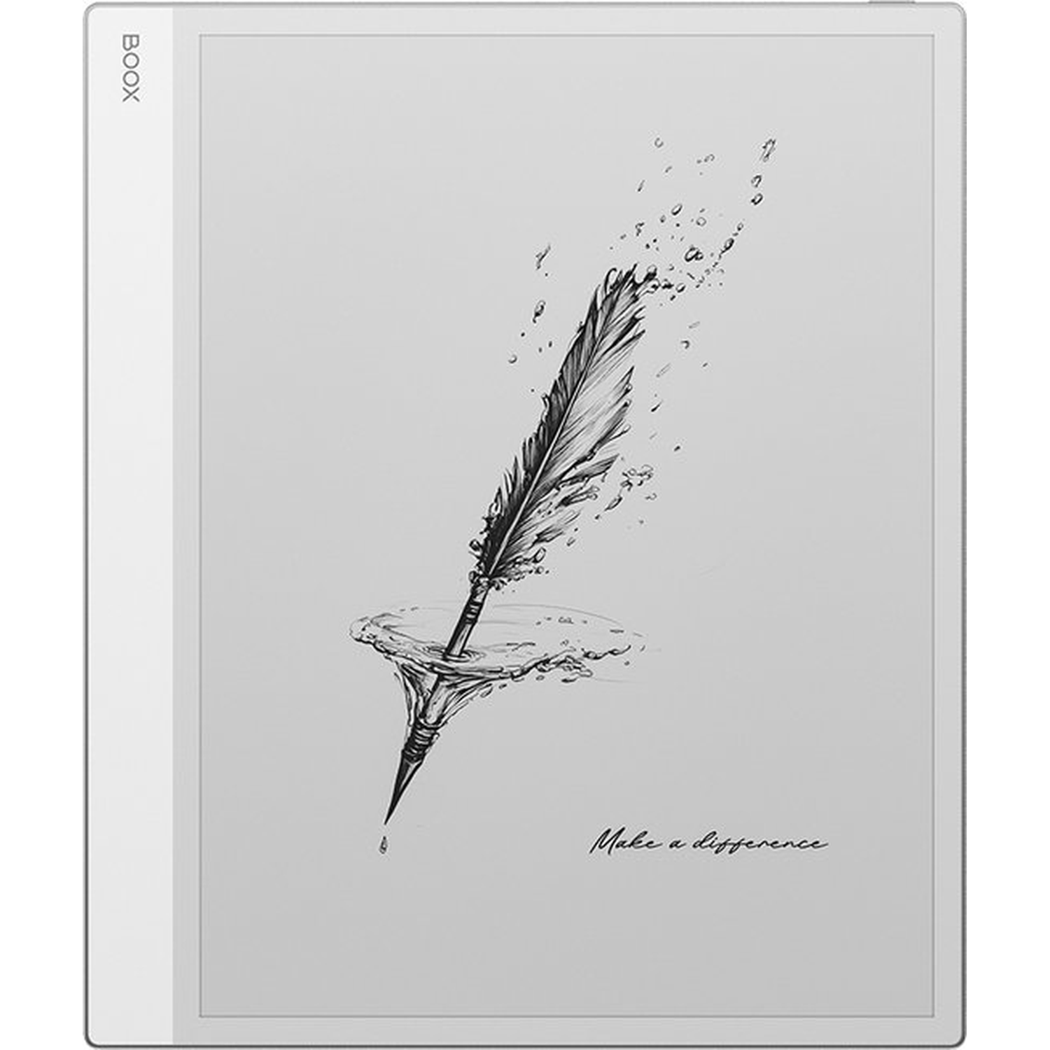 Een BOOX e-reader toont een tekening van een veer in water, met de tekst 'Make a difference'.
