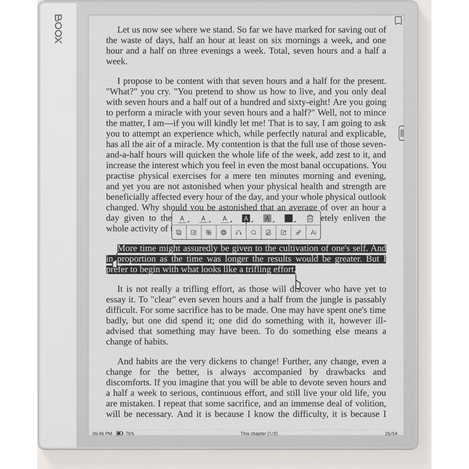 Een e-reader toont tekst over tijdbeheer en gedragsverandering. De pagina is onderdeel van een hoofdstuk.