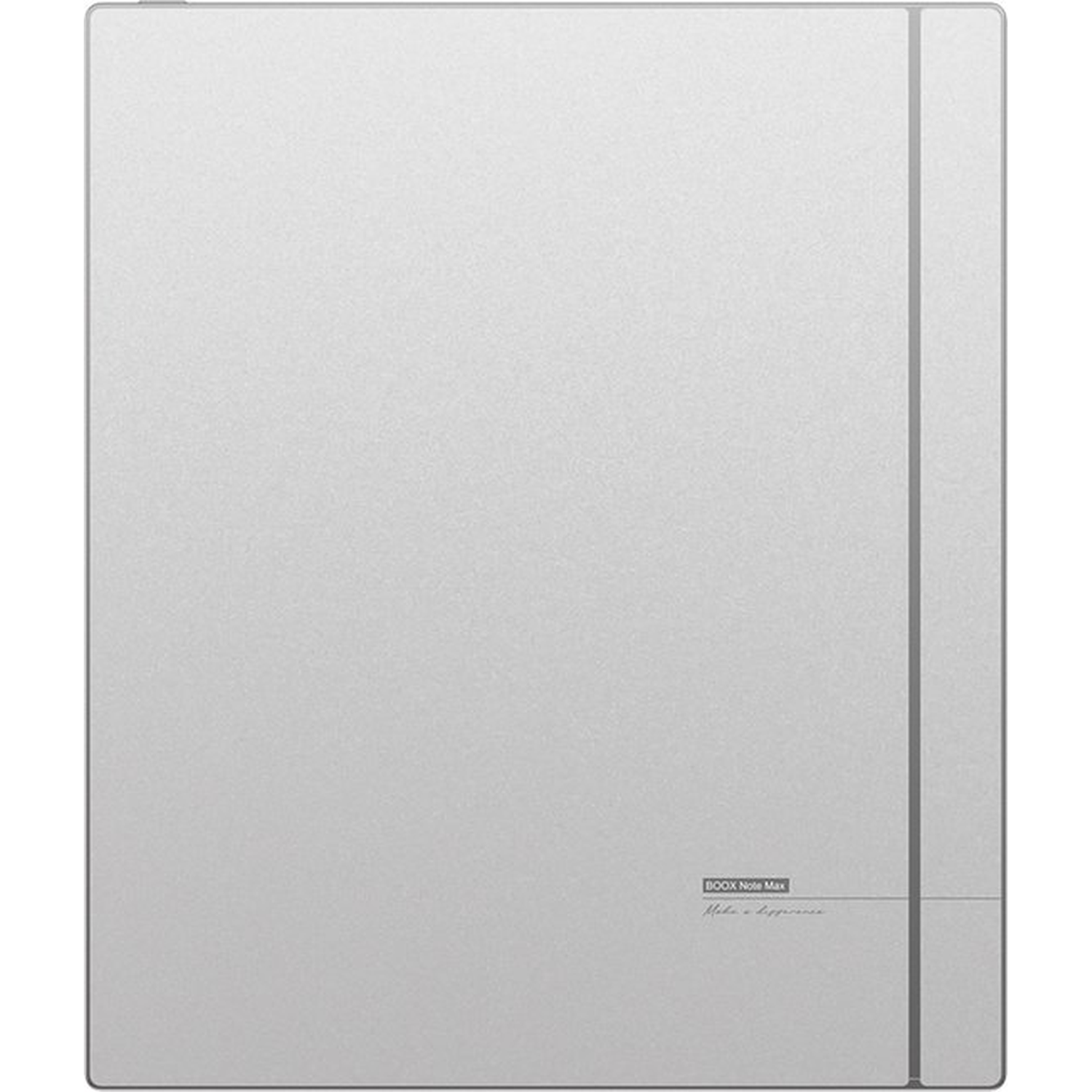 Een zilveren BOOX Note Max e-reader met een verticale grijze band aan de rechterkant.