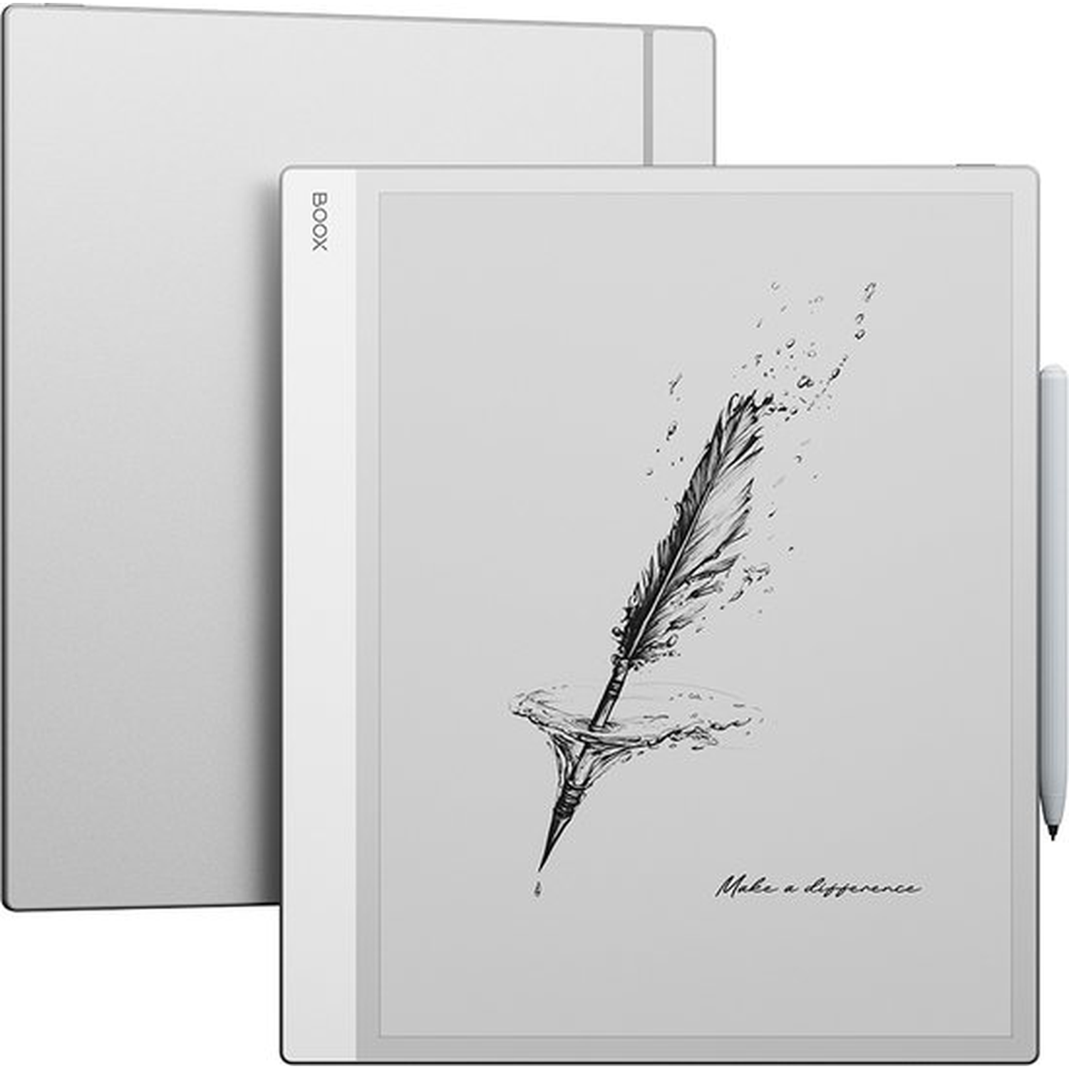 Een Boox e-reader toont een ganzenveertekening in water. Een stylus is bevestigd.