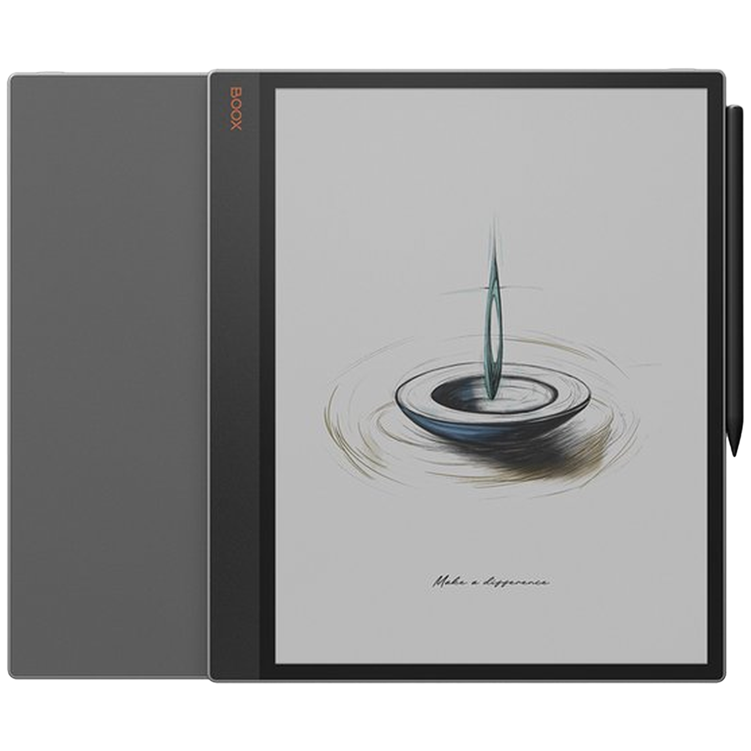 Een grijze e-reader met stylus, met een tekening van een kom met water.