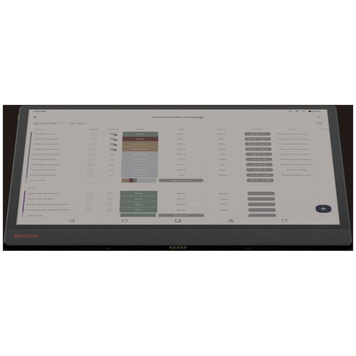 Een donkergrijze tablet toont een agenda of projectmanagementinterface met taken en datums.
