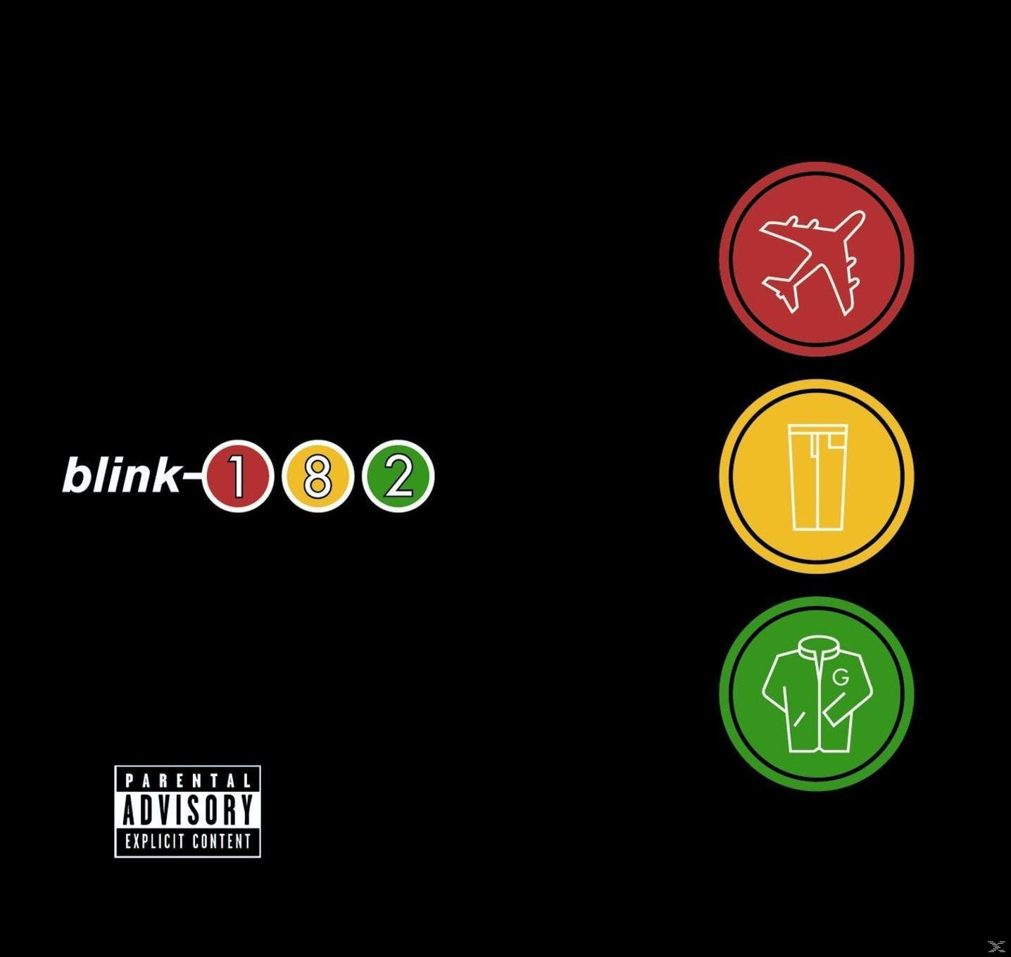 Blink-182 album borító ikonokkal: repülő, nadrág, dzseki. Szülői figyelmeztetés.