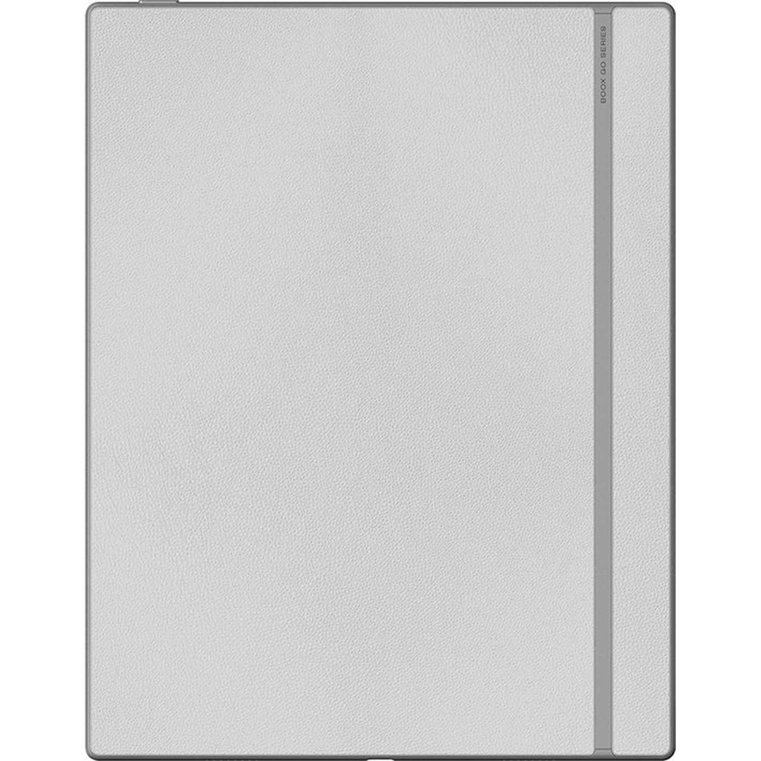 A white e-reader with a gray vertical stripe and text.