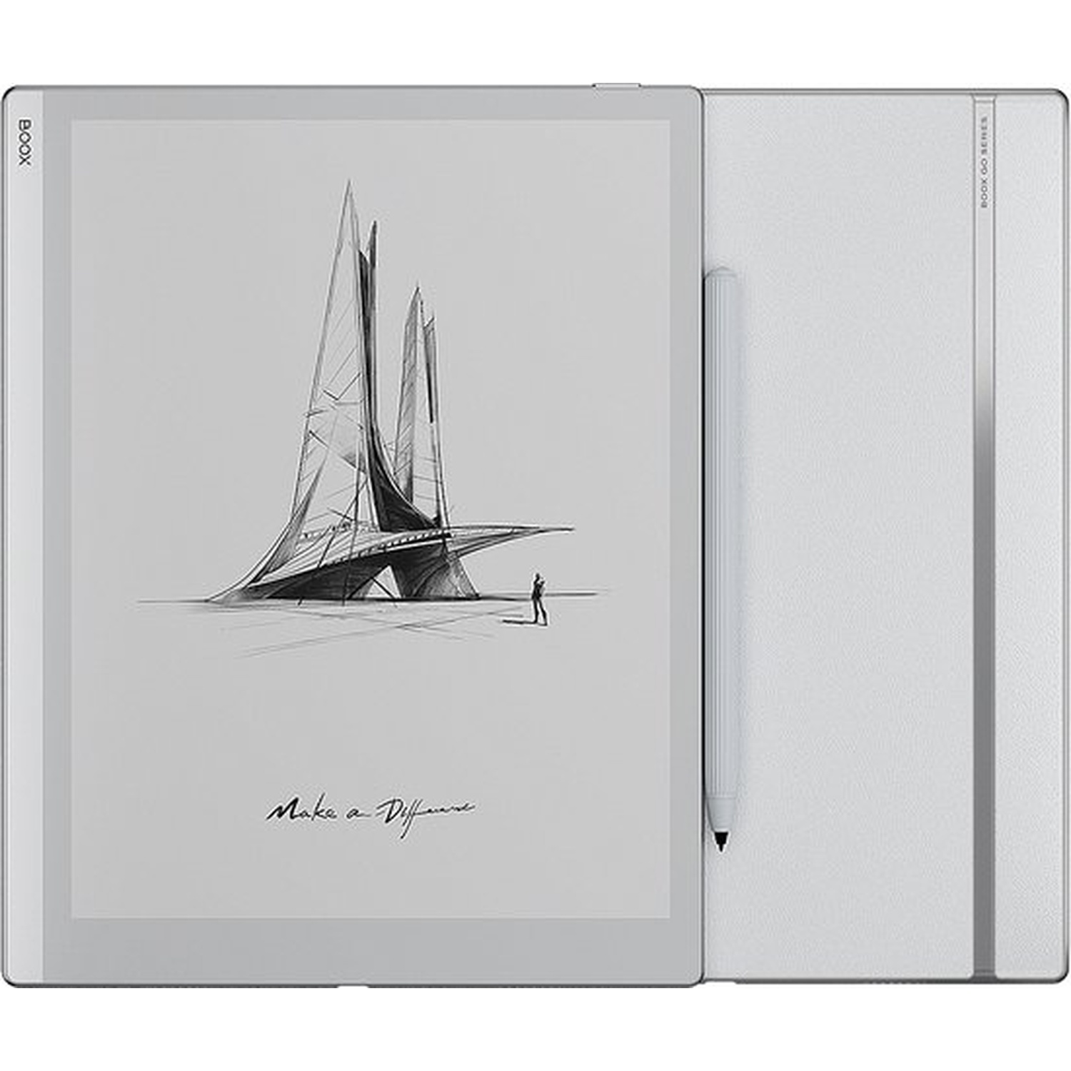 A white Boox e-reader displays a sketch of a futuristic building and the text "Make a Difference".