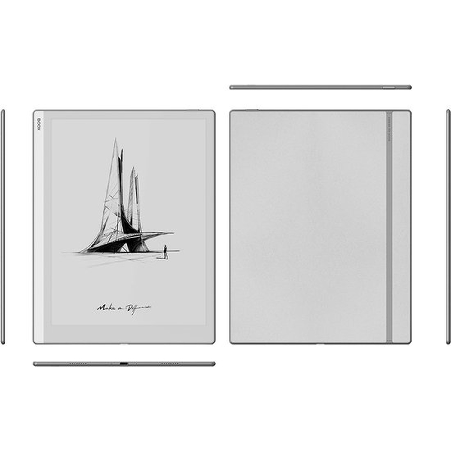 An e-reader with a sailboat graphic and signature. Back and edges are visible.
