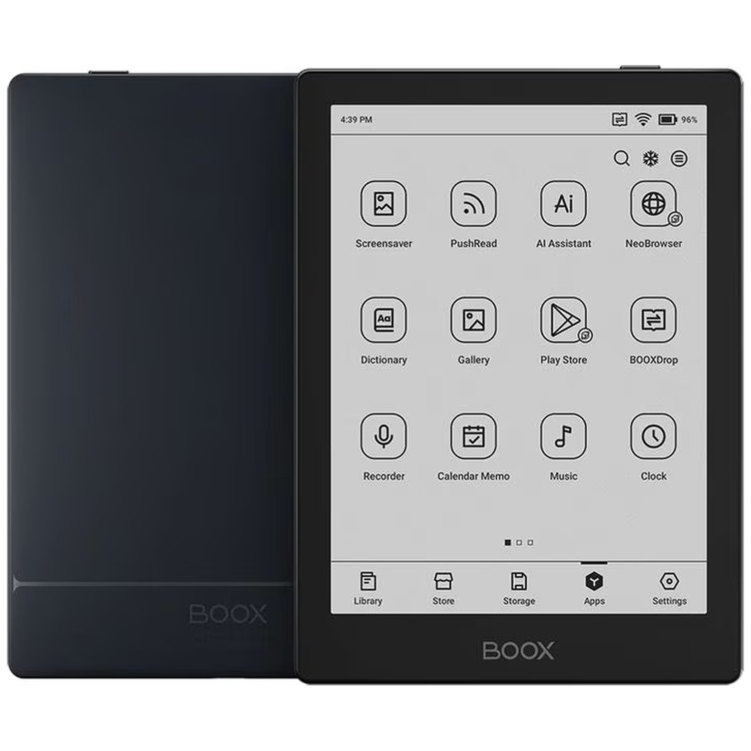 Een zwarte e-reader met een scherm dat app-pictogrammen en een dock onderaan toont.