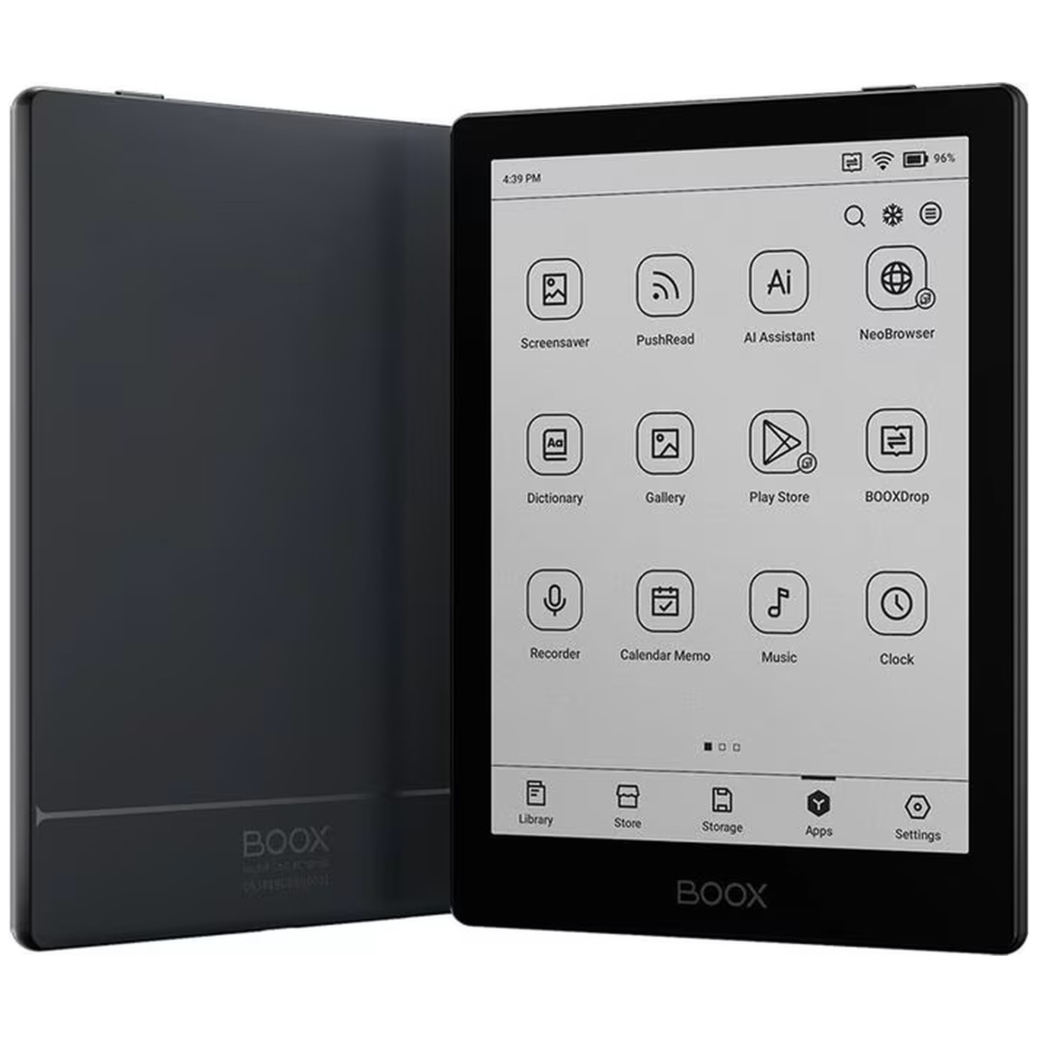 Een zwarte e-reader met open hoes, waarop het startscherm met app-pictogrammen wordt getoond.