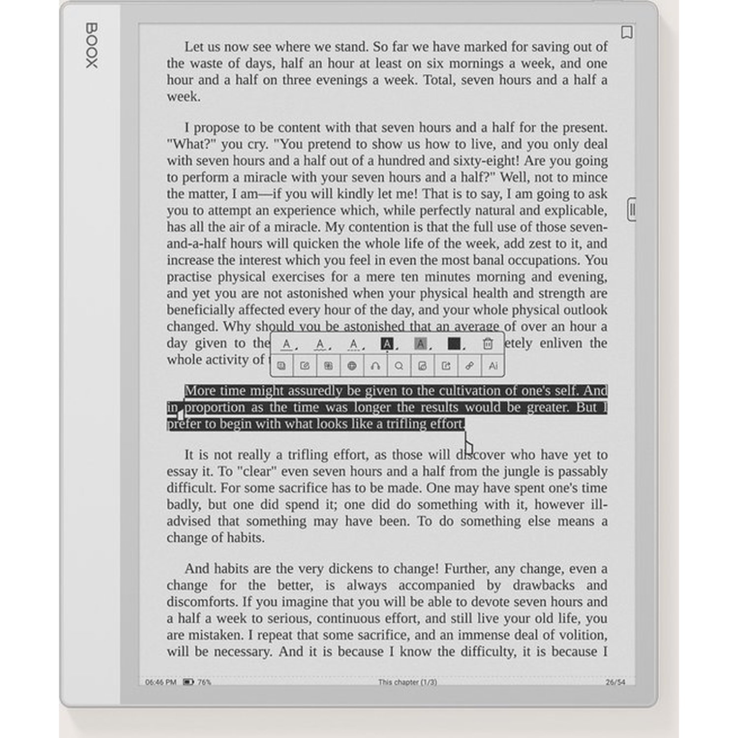 E-reader displaying text about time management. A highlighted sentence reads: 'More time might assuredly be given to the cultivation of one's self.'
