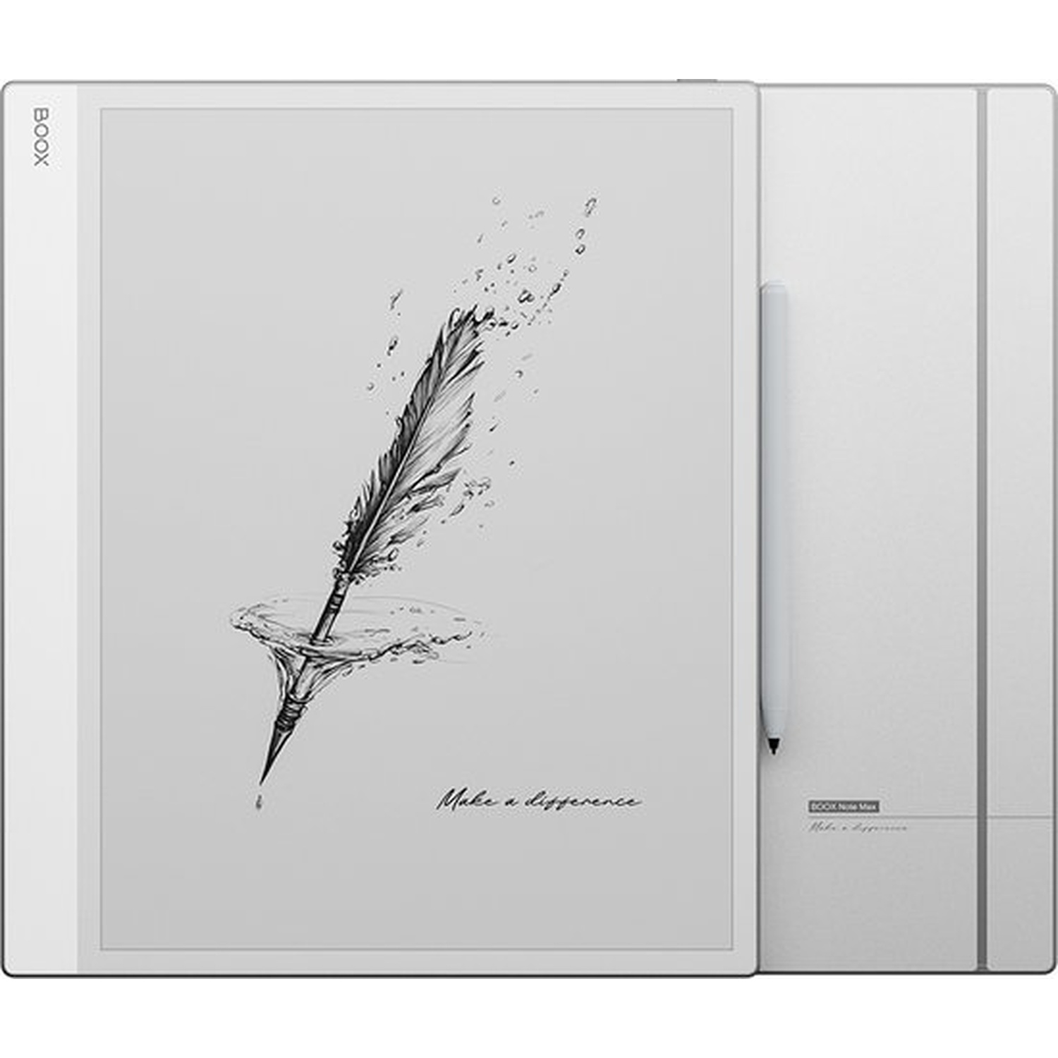 An e-reader with stylus displays a feather in water and the text 'Make a difference'.