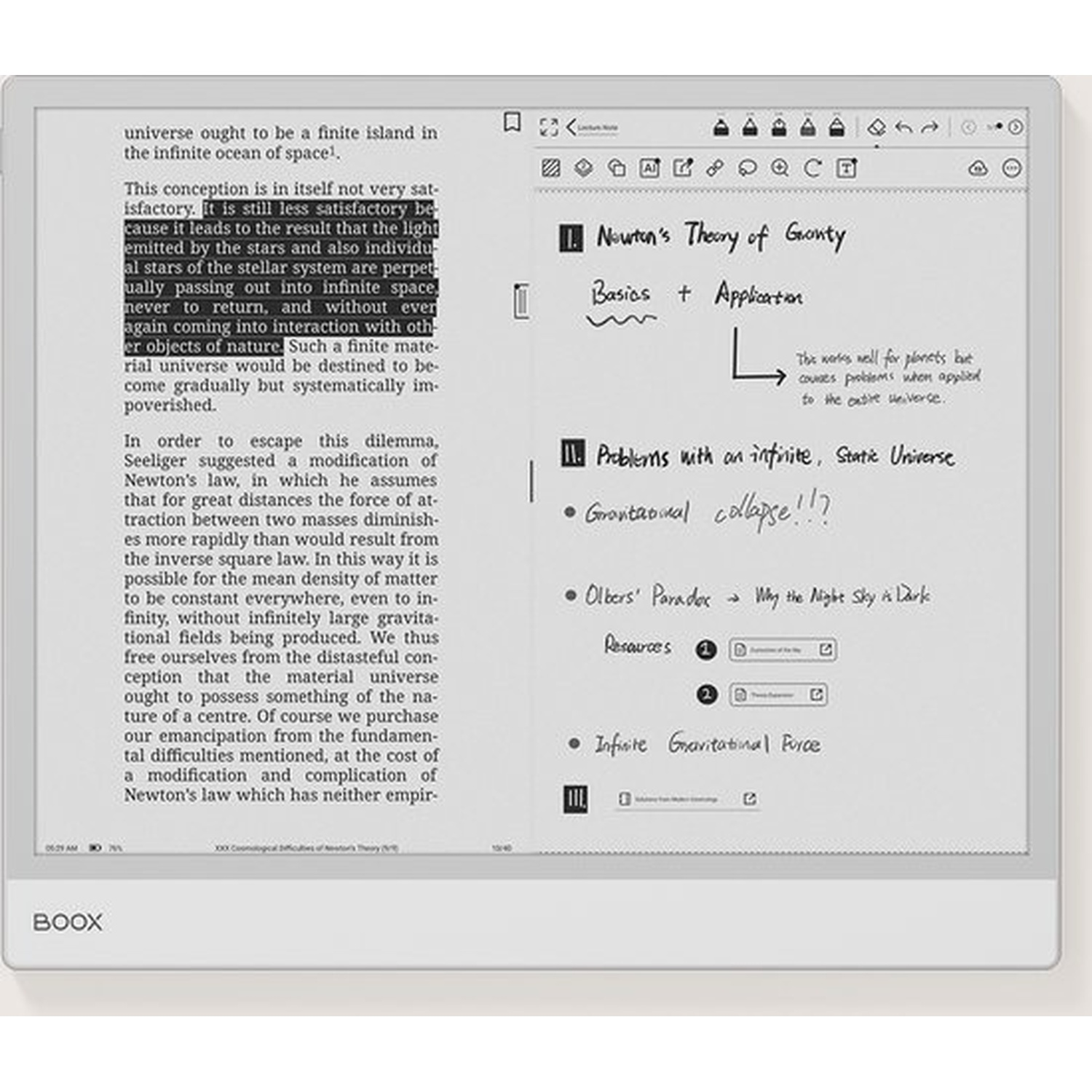 An e-reader displays text and handwritten notes on physics and cosmology.