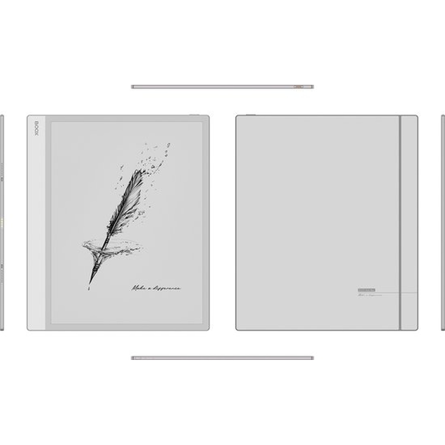 E-reader with feather graphic and text on screen. Shown from front, back, sides, top, and bottom.