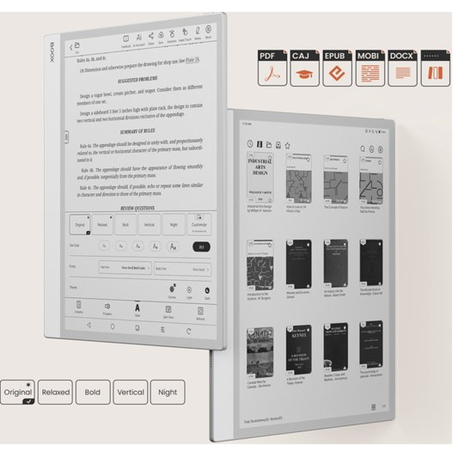 E-reader displaying book covers and reading interface. Icons for file types PDF, CAJ, EPUB, MOBI, DOCX.