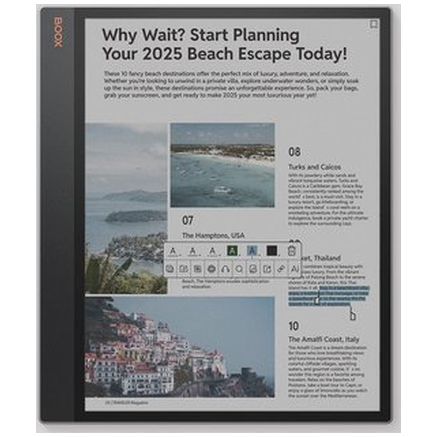E-reader toont artikel "Waarom wachten? Begin vandaag nog met plannen van uw strandvakantie 2025!" met afbeeldingen.