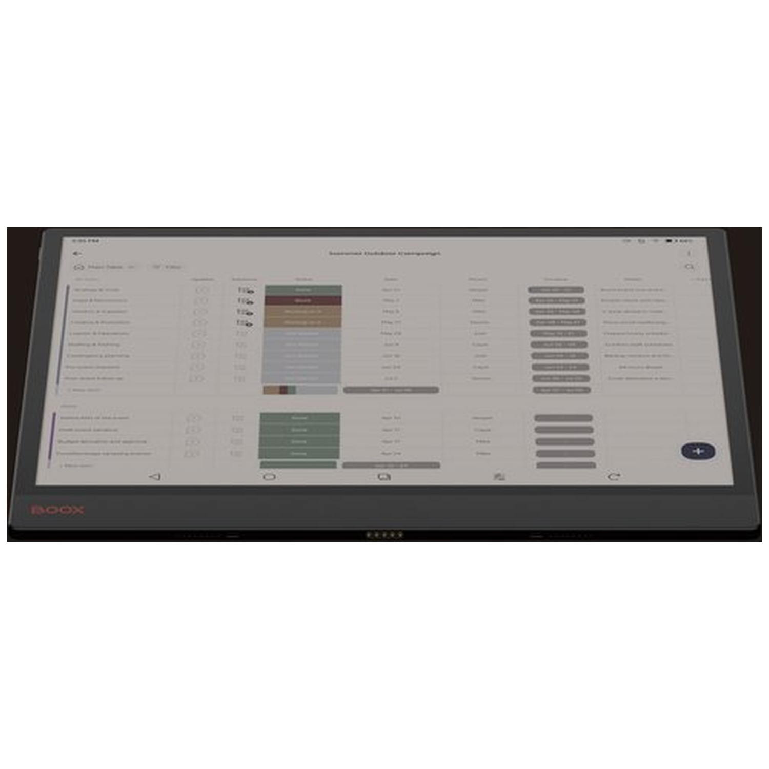 Een BOOX-tablet toont een agenda met taken en datums. Het scherm toont een schema met verschillende vermeldingen.