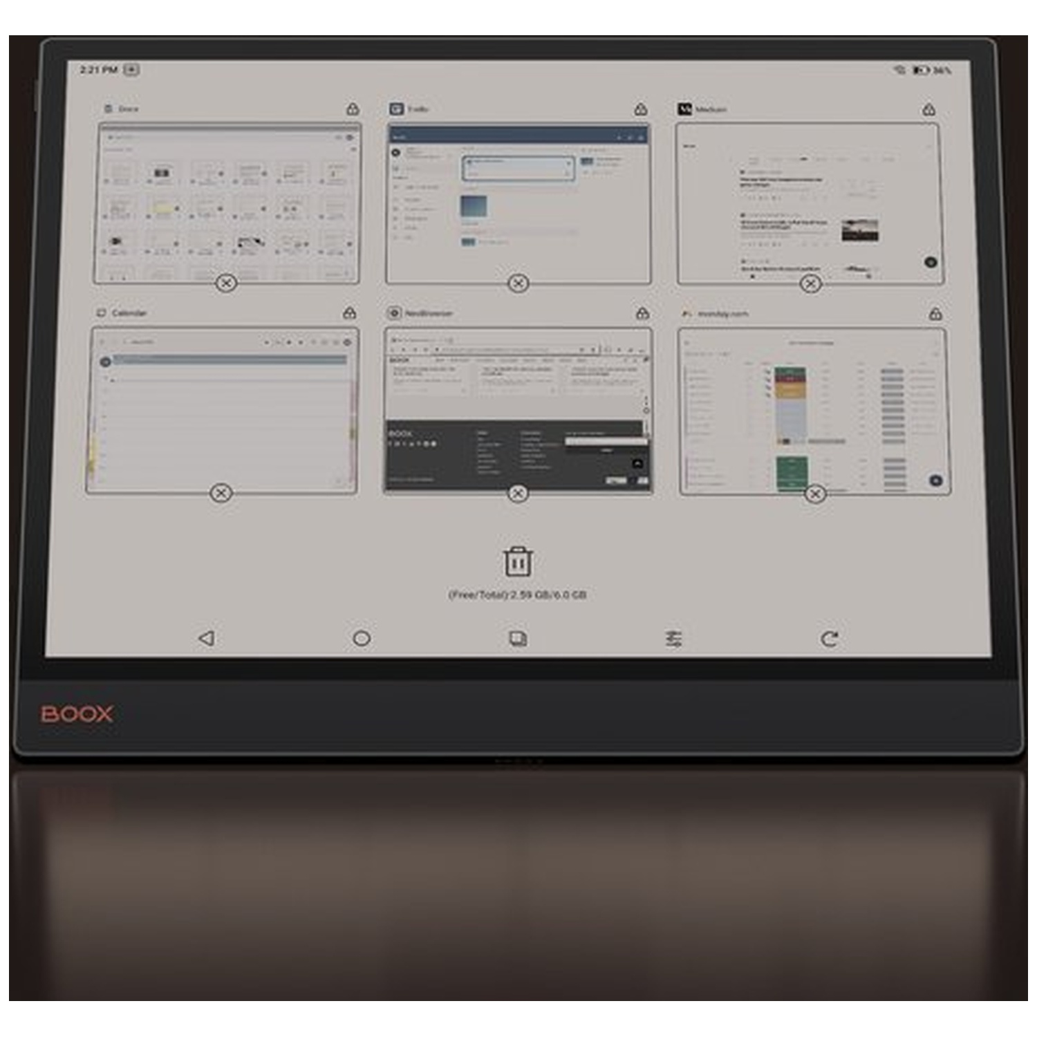 E-reader toont meerdere app-vensters: Docs, Todo, Media, Browser, Agenda.