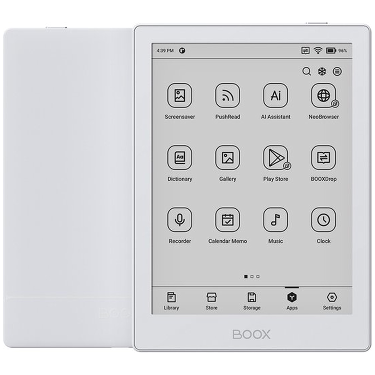 Un appareil e-reader blanc avec un écran affichant des icônes d'applications et une barre de navigation.