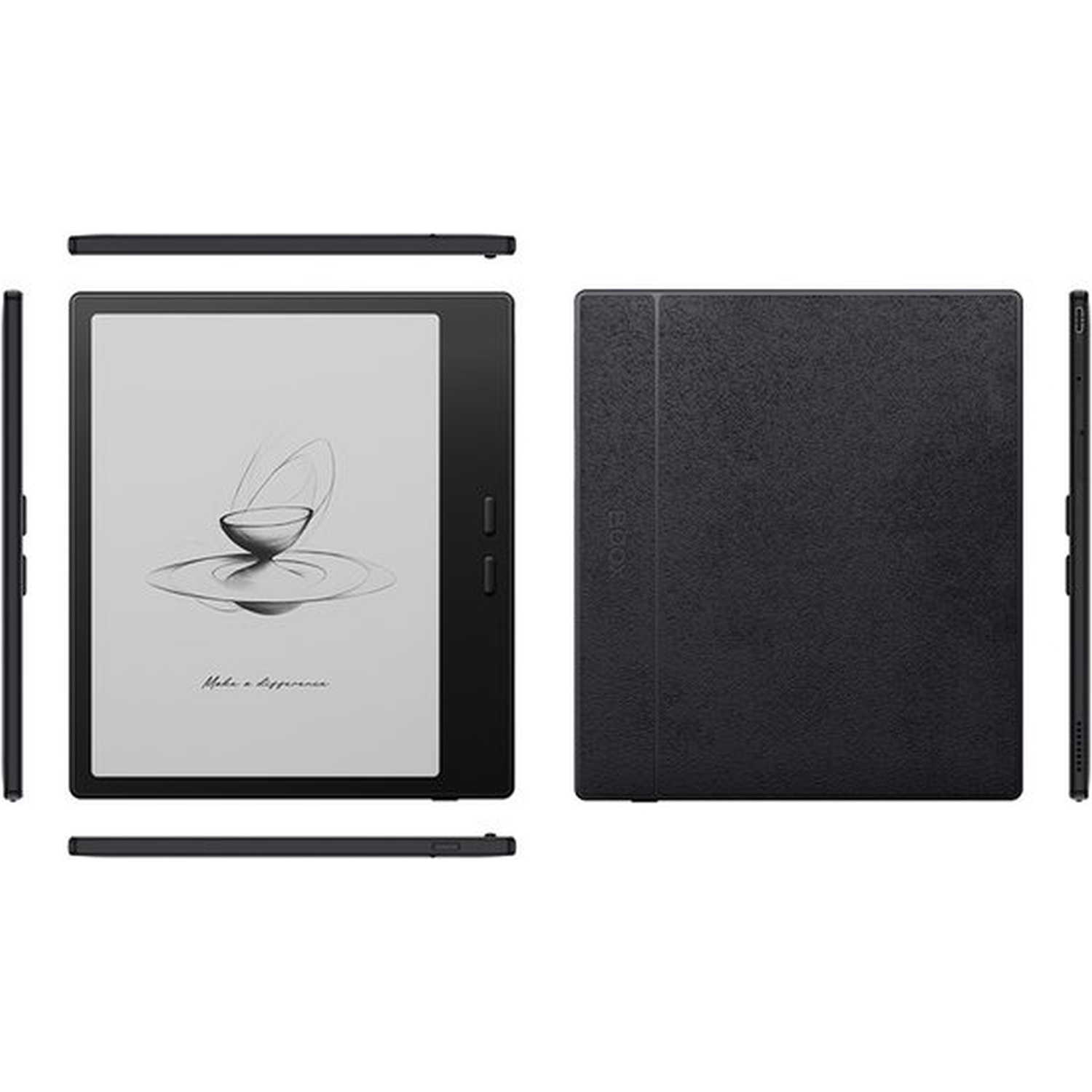 Vues avant et arrière d'un e-reader noir à couverture texturée. L'écran affiche une œuvre d'art.