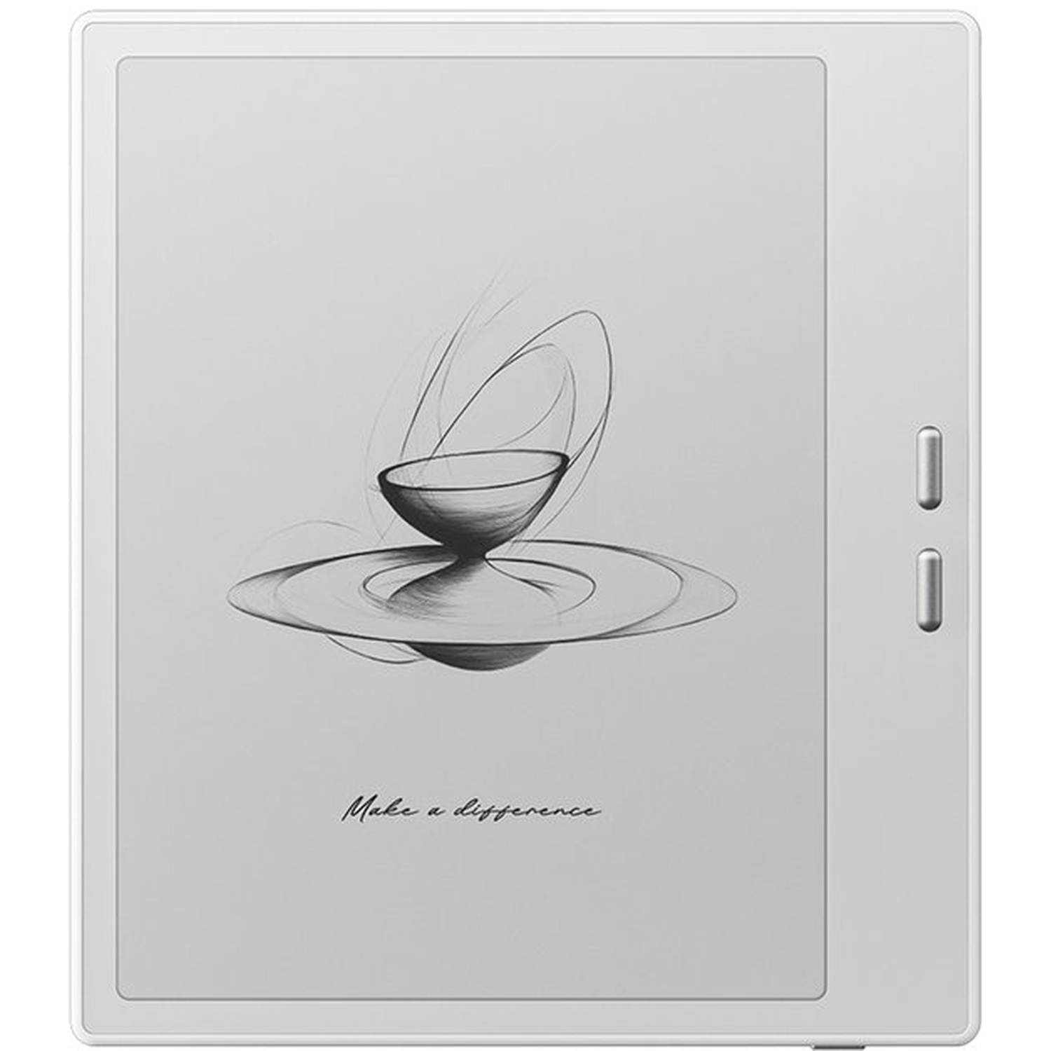 Un e-reader blanc affiche un croquis de bol sur une assiette avec le texte Make a difference.