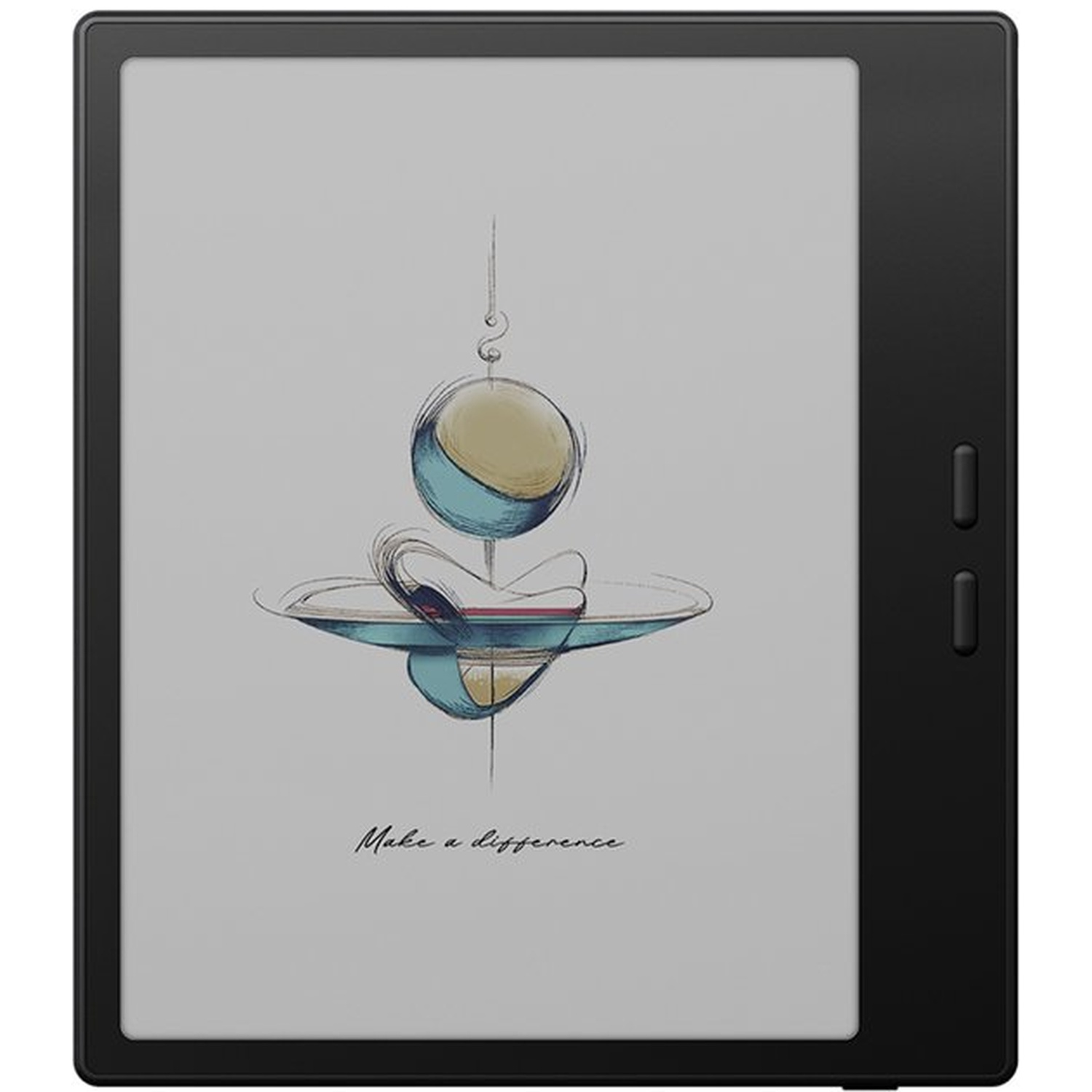 Black e-reader displaying abstract art and the text "Make a difference."